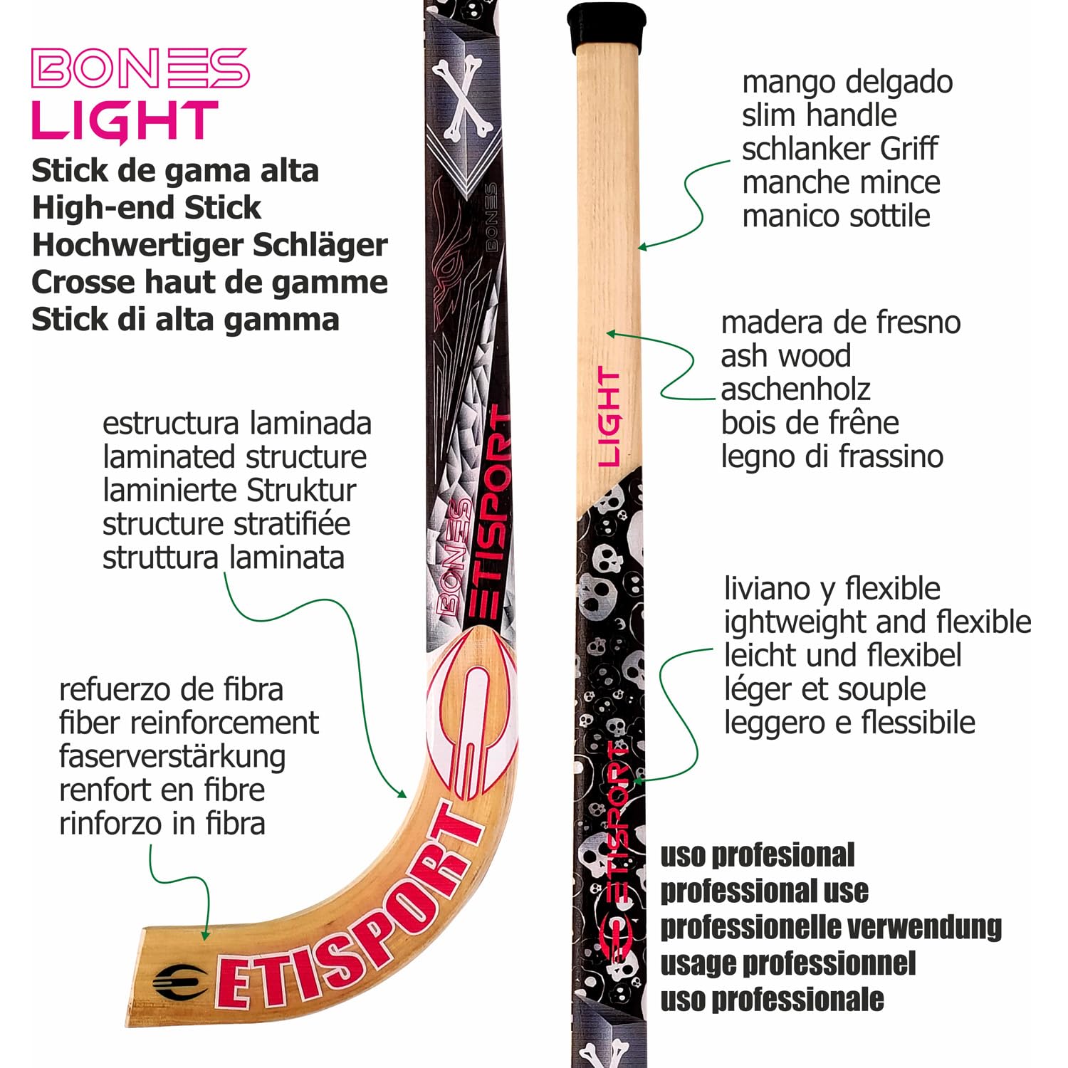 Stick de Hockey Patines ETISPORT Bones diseño Exclusivo. Pídelo en la versión y dureza Que te guste: Starter, Light, Medium, Hard. Exhibe tu Estilo. (Light)