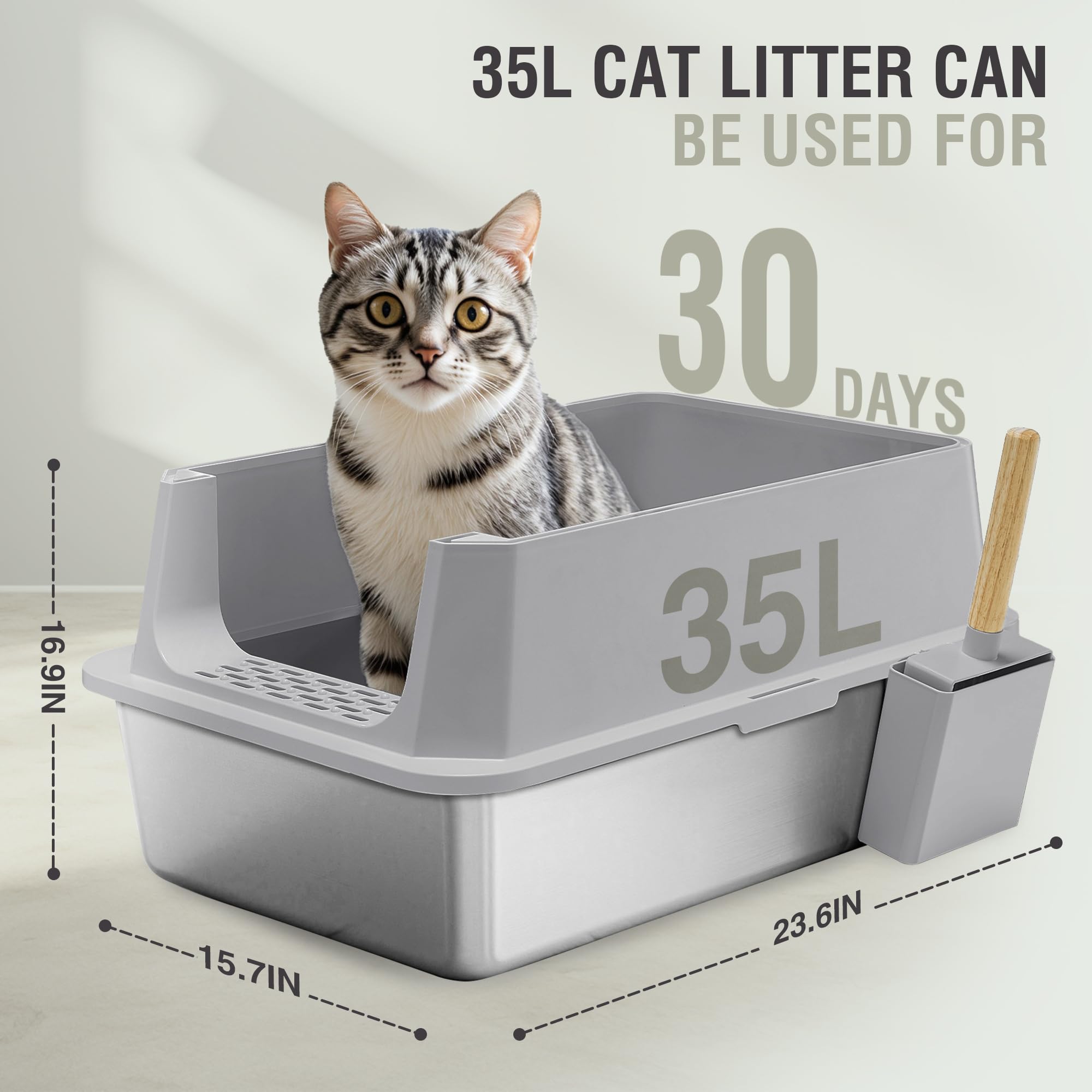 2 Pack TIPOOP XL Stainless Steel Enclosed High Sided Cat Litter Box with Lid, 24'' L &times; 16'' W &times; 17'' H - Odor Control & Easy Cleaning,Non-Sticky, Include Litter Scoop,Grey - image 2