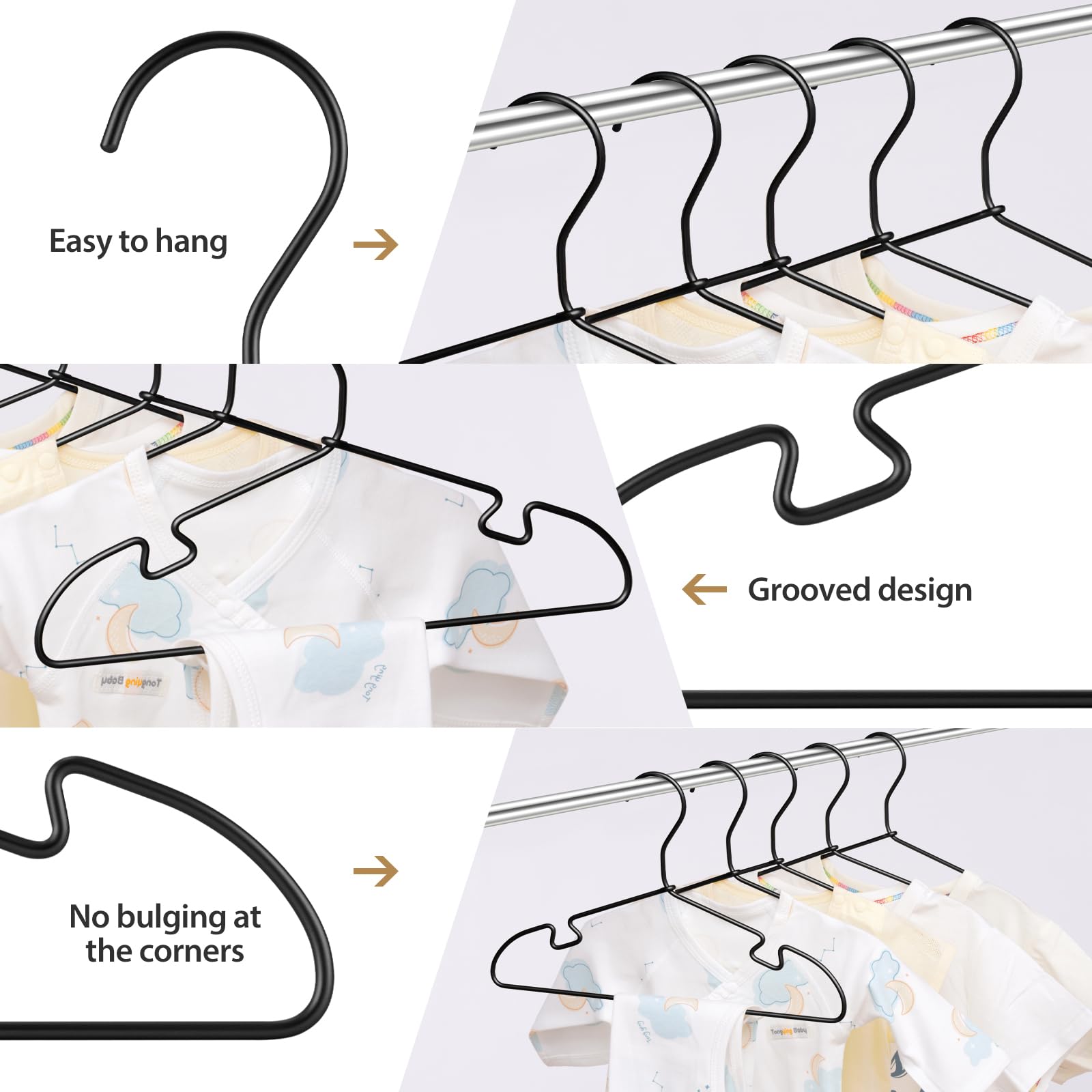 Percha de aluminio negro, colgador de bebé para niños de 12.6 pulgadas, colgador de metal resistente para armario, perchas para niños pequeños que ahorran espacio (30 piezas)