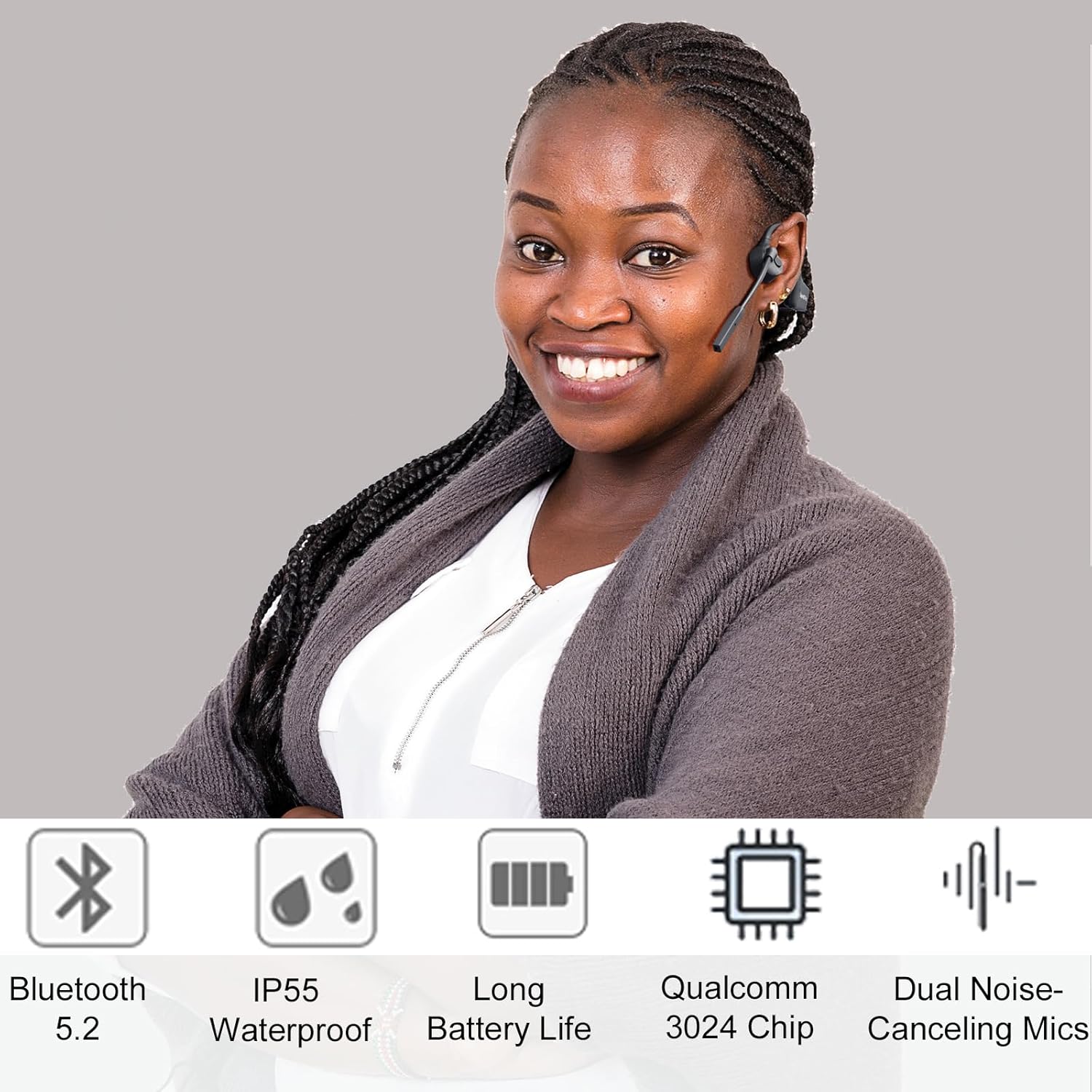 Bone Conduction Headphones with Mic Bluetooth 5.2 Open Ear Headphones with Boom Mic Wireless Headset Waterproof Earphones Conducting Headphones, Quick Charge, Multi-Point Pairing