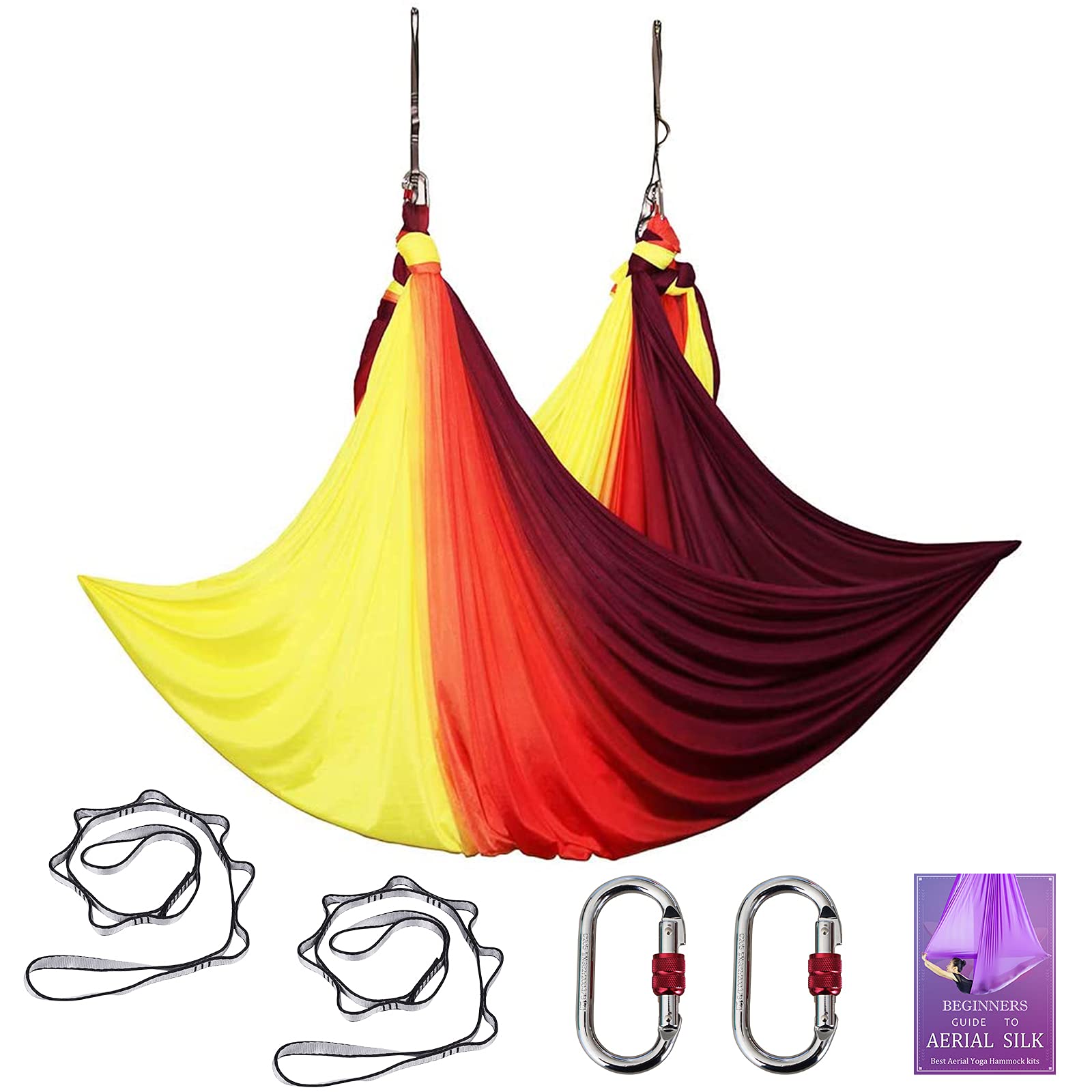 Aerial Yoga Hammock L:5M W:2.8M Aerial Pilates Silk Yoga Swing Set with 2000 Ibs Load Include Daisy Chain, Pose Guide (Gradual Change Red)
