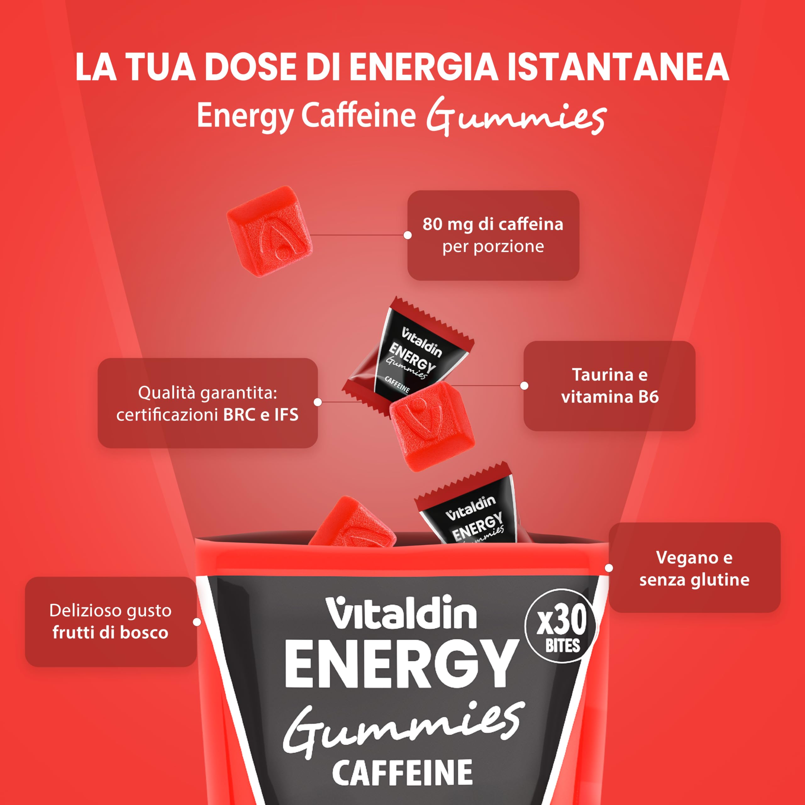 VITALDIN SPORT Power Gummies – 80 mg Caffeina, 40 mg Taurina per dose + Vitamina B6 – 30 Caramelle Gommose – Bites gusto Frutti Rossi – Vegano