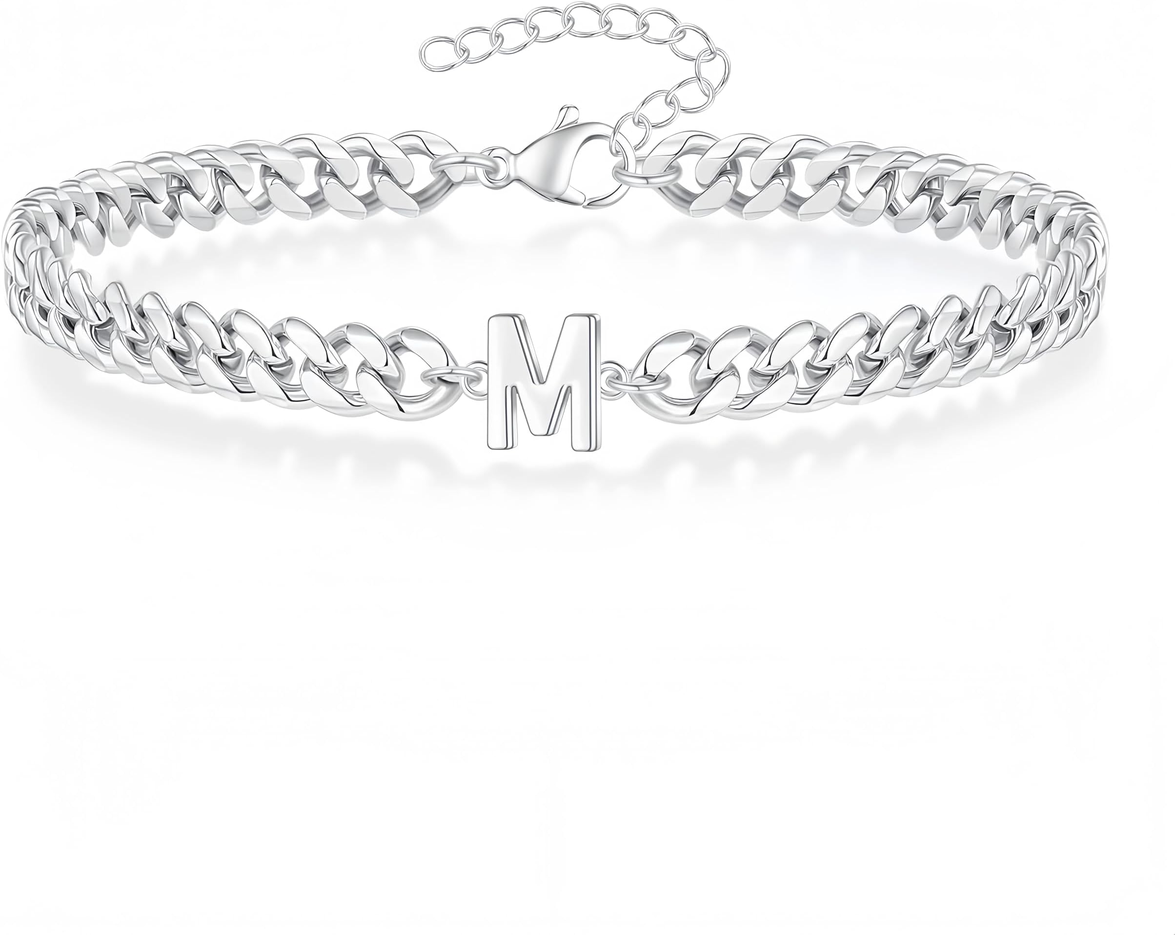 Men's Silver Cuban Chain Adjustable Letter Bracelet with Initials. Gift for Boyfriend, Husband and Father