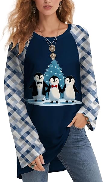 Womens Christmas T-Shirt Long Sleeve Crew Neck Cute Print Shirt Casual Loose Fit Plus Size Festival Lightweight Raglan Top Street Style Outdoor Pullover,Penguin Blue,L