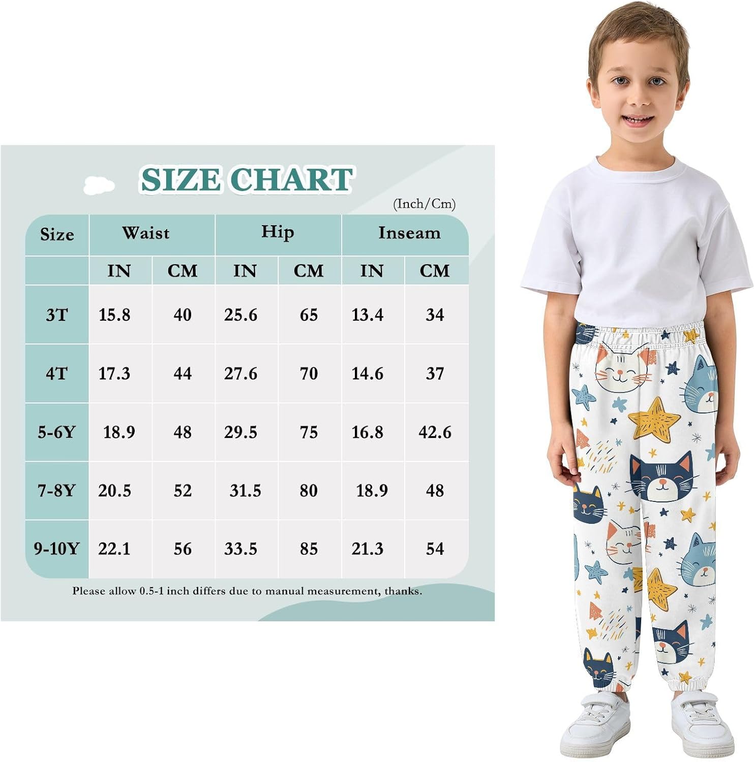 Boy Sweatpants Doodle Cat Star Joggers Casual Athletic Pants Kids Elastic Waist Cuffed with Pockets