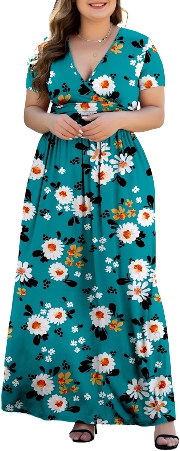 Women's L-5XL Short Sleeve V-Neck Plus Size Maxi Dresses with Pockets - Image 5