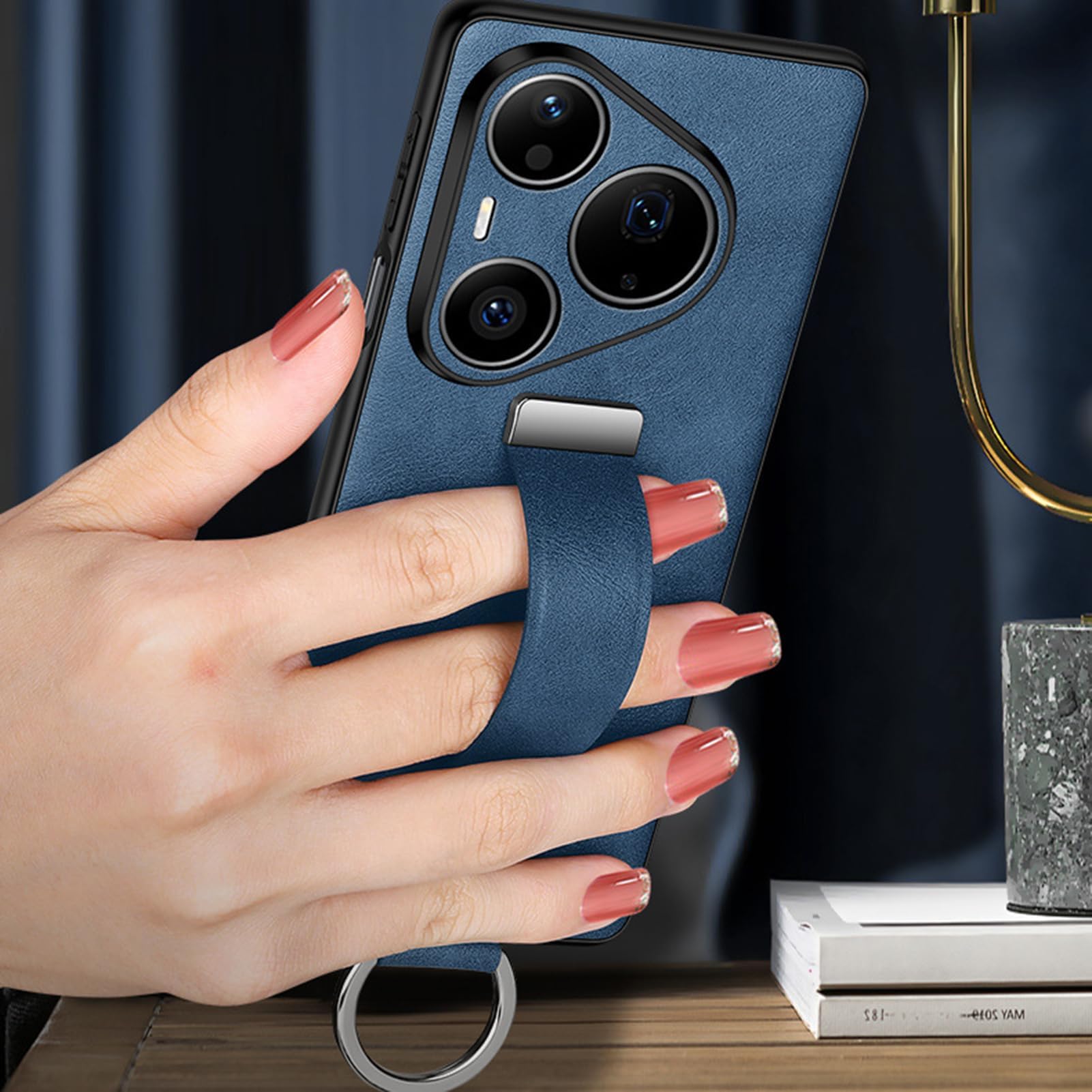 Etui biznesowe do Huawei Pura 90/90 Pro/90 Pro Max, pasek na nadgarstek z pierścieniem skórzana osłona ochrona aparatu minimalistyczna ultracienka obudowa, 90pro, niebieskie