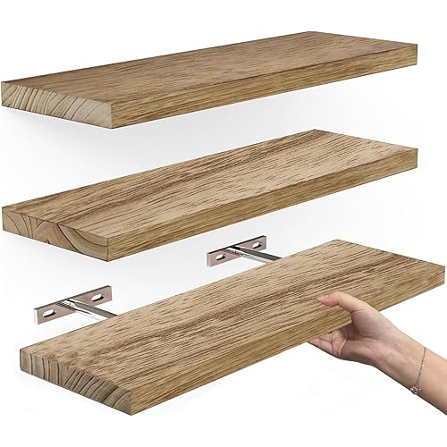 Floating Shelves for Wall, Solid Wood Shelf Set of 3,Floating Shelves Rustic Farmhouse Wooden Shelves, Bathroom Decor Wall Shelf with Invisible Brackets for Storage, Bedroom,Office Decor(Light Brown)