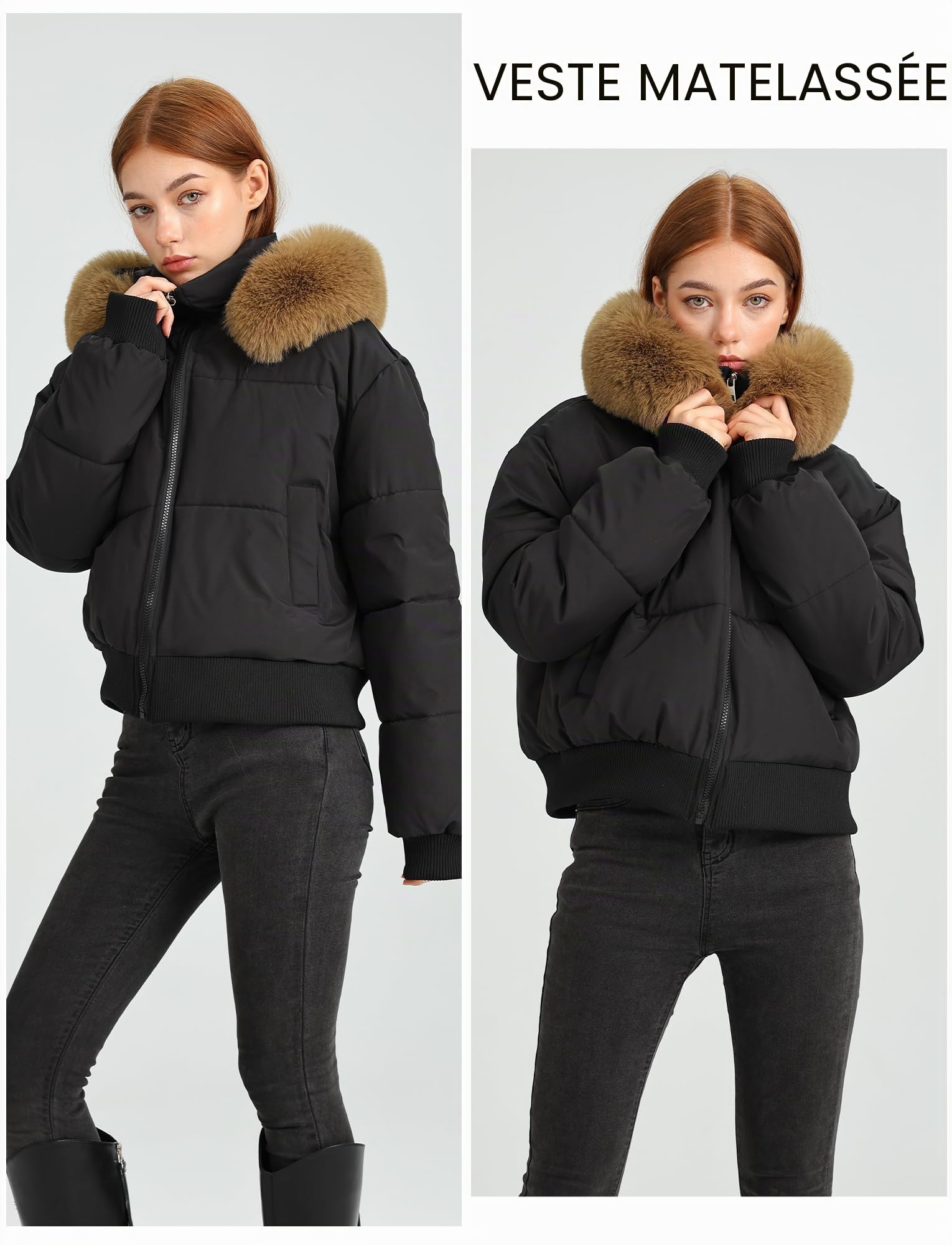 Maeau - Manteau Court à Capuche Col en Fourrure Amovible Femme Veste Hiver Chaude M-XXL