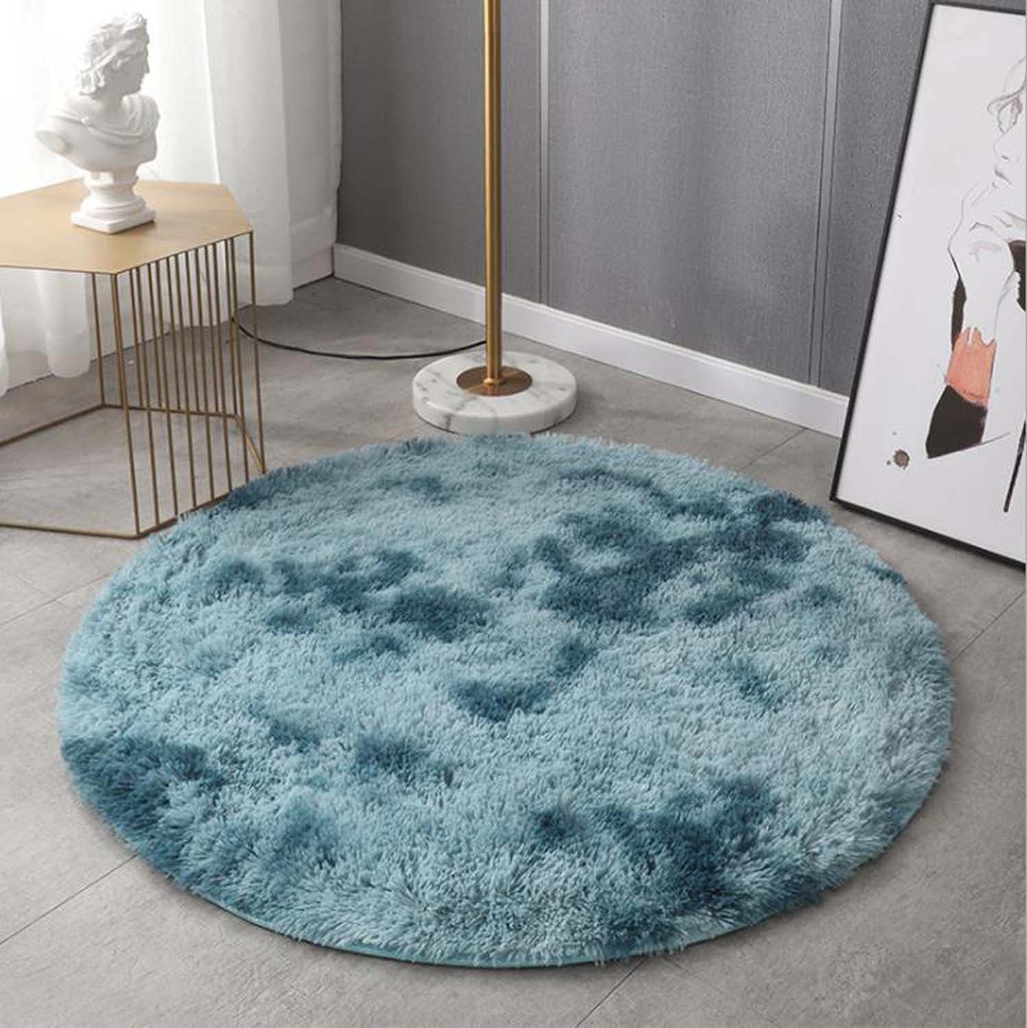 Dhao Tapis Ronde Poils Longs Shaggy Moderne Design Épais Anti Slip Lavable Décor Ultra Doux De Peluche Chambre à Coucher Salon Tapis Décoratif (Bleu,180x180cm)