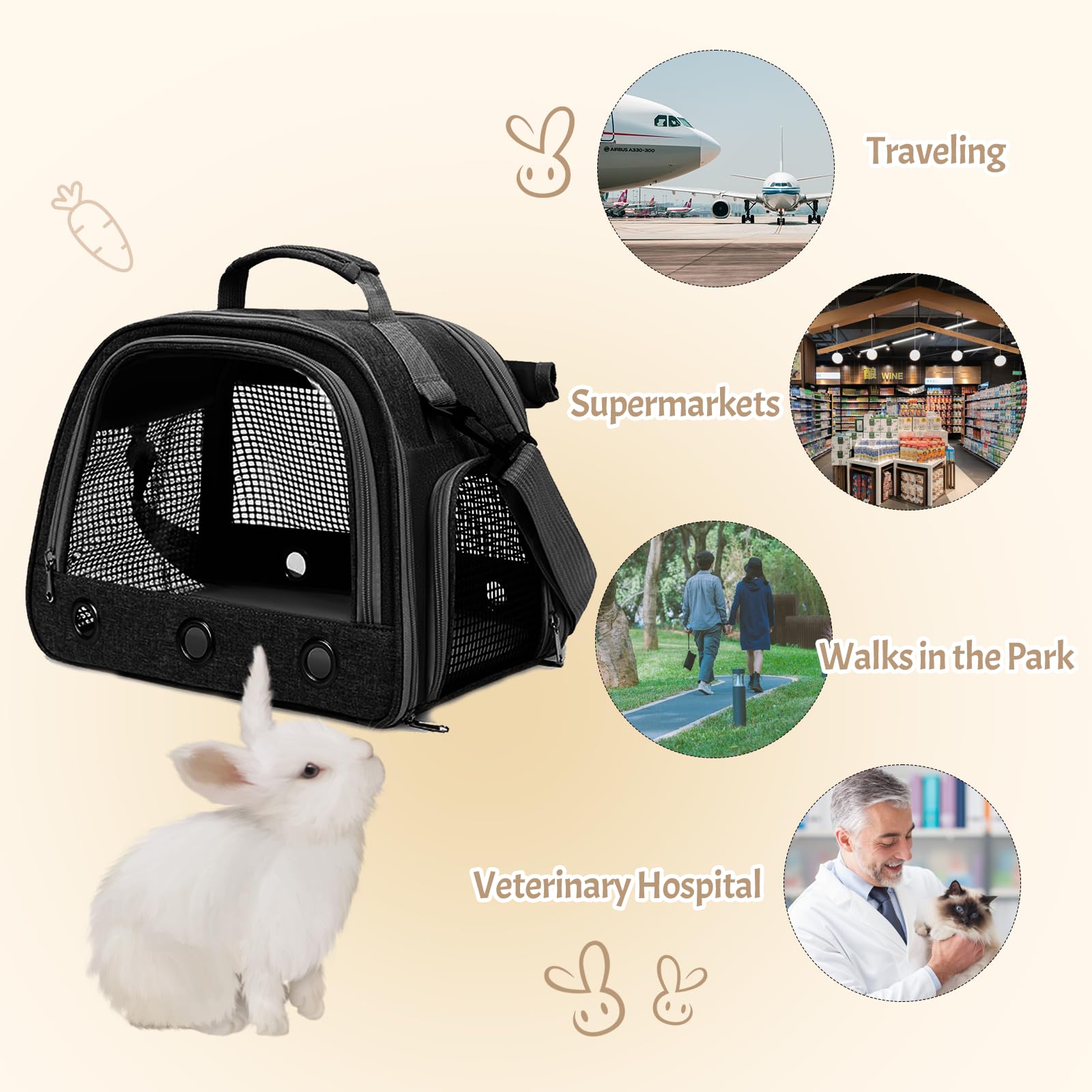 Bolsa de Transporte de Animales pequeños, 35 * 25 * 23cm Bolsa de Viaje saliente para Mascotas, Portador de Conejillos de Indias portátil con Malla Transpirable para pájaro, Rata,Negro