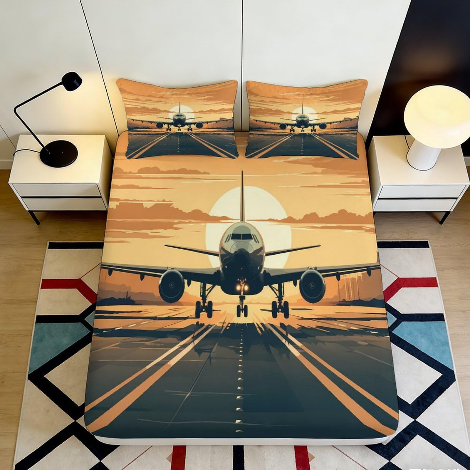 3D Printed Sunset Runway Fitted Sheet Microfiber Anti-Slip Airplane Bed Sheet Bedroom Decor Easy Care 90x200x25cm