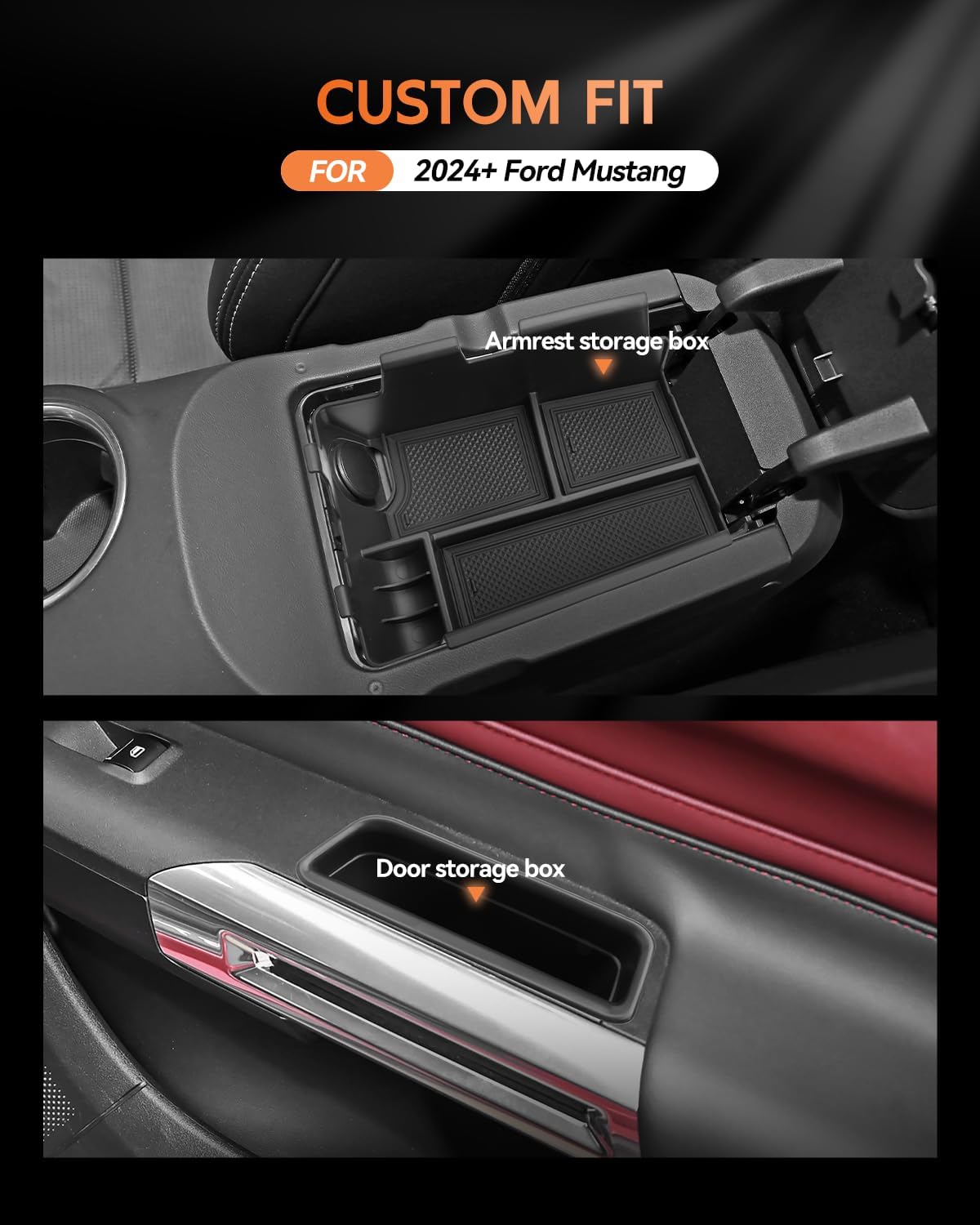 2 Pack for 2024 2025 2026 Ford Mustang Center Console Organizer Tray for Mustang Accessories Armrest Storage Box Insert for EcoBoost/GT/Dark Horse/Premium Door Handle Storage Box + Center Console Tray