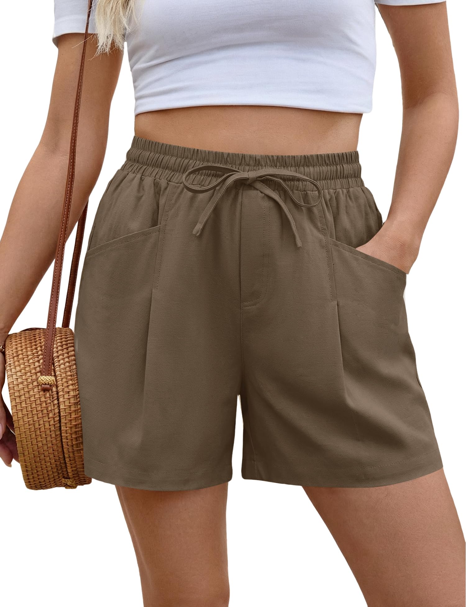 Rapbin Kurze Hose Damen Sommer Leinen Baumwolle Gummizug High Waist Leicht Shorts Leinenhose Sommershorts Damenshorts mit Taschen