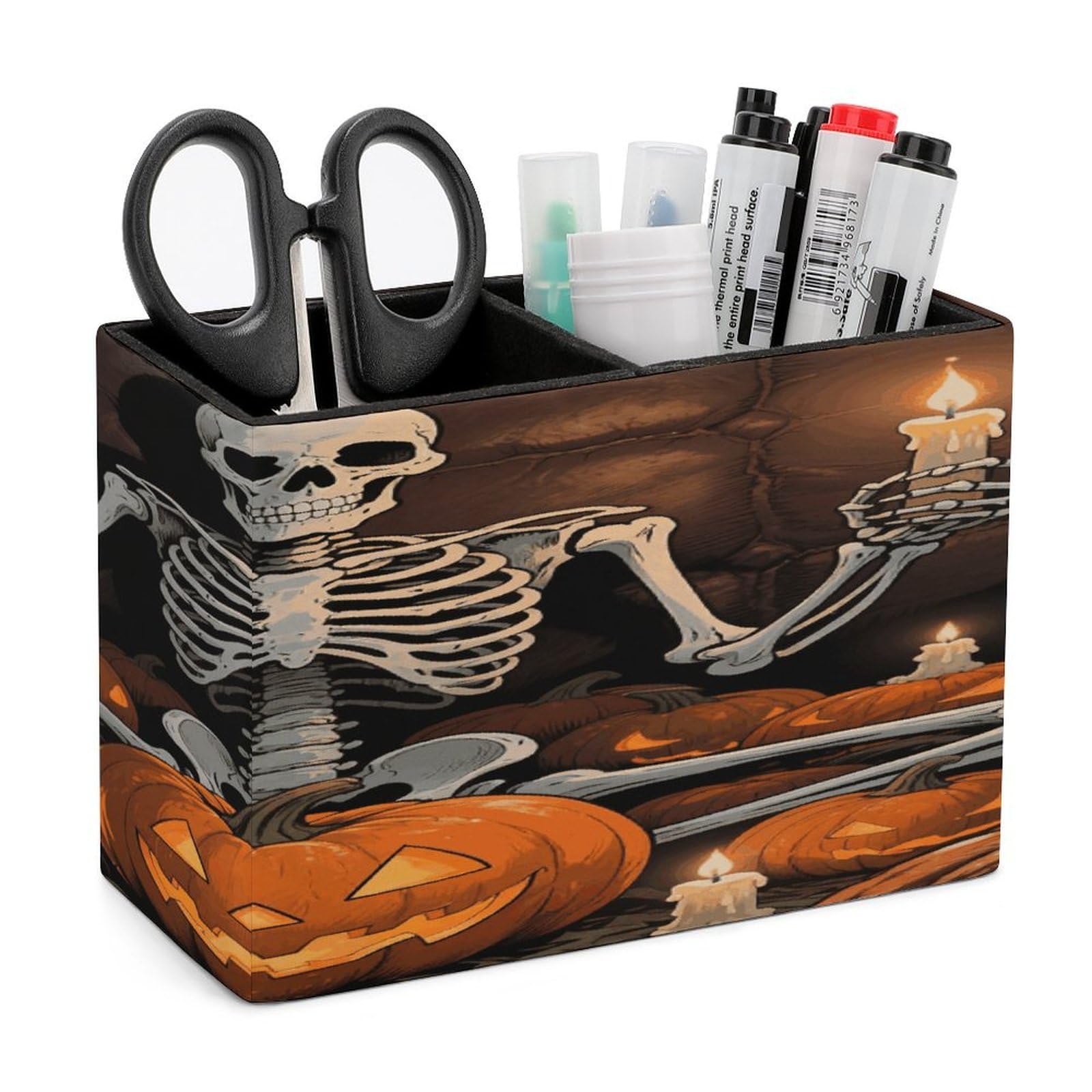 VstaDank Skull Pumpkin Pencil Holder for Desk Organizer 2 Compartments Pen Cup Leather Square Pen Holder Pencil Cup Stand Makeup Brush Holders for Desktop Organizer Storage Case