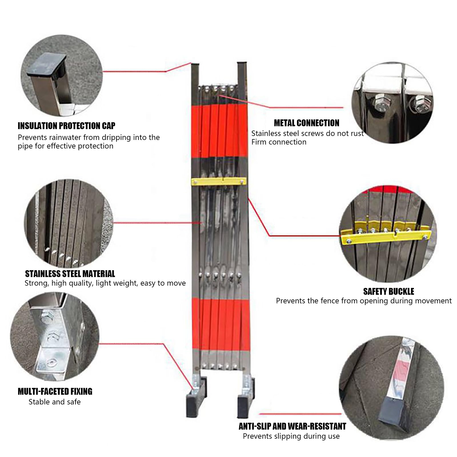 Barrière de chantier Barrière Mobile Extensible Barrière de Circulation Pliable Barrière Acier inoxydable Avec roulettes Convient aux chantiers de construction, aux parkings et aux rues, etc(1