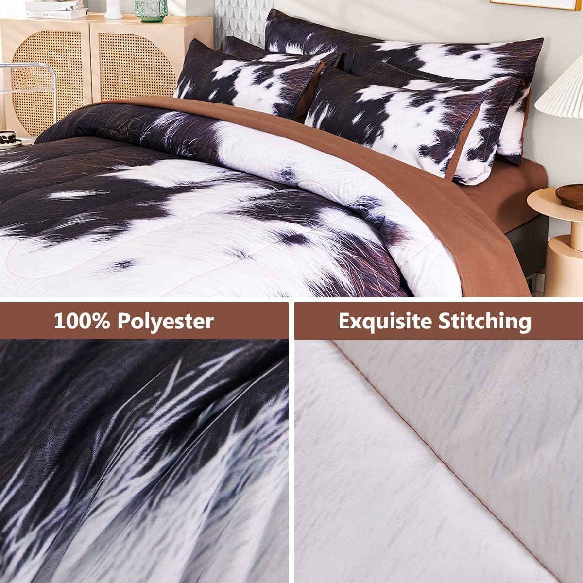 SUCSES King Size Comforter Set 8 Pieces Western Farmhouse Style Bedding Set Highland Rustic Cow Fur Print Bed in A Bag Comforter Set with Sheets (Cow Fur Pattern, King) - Image 4