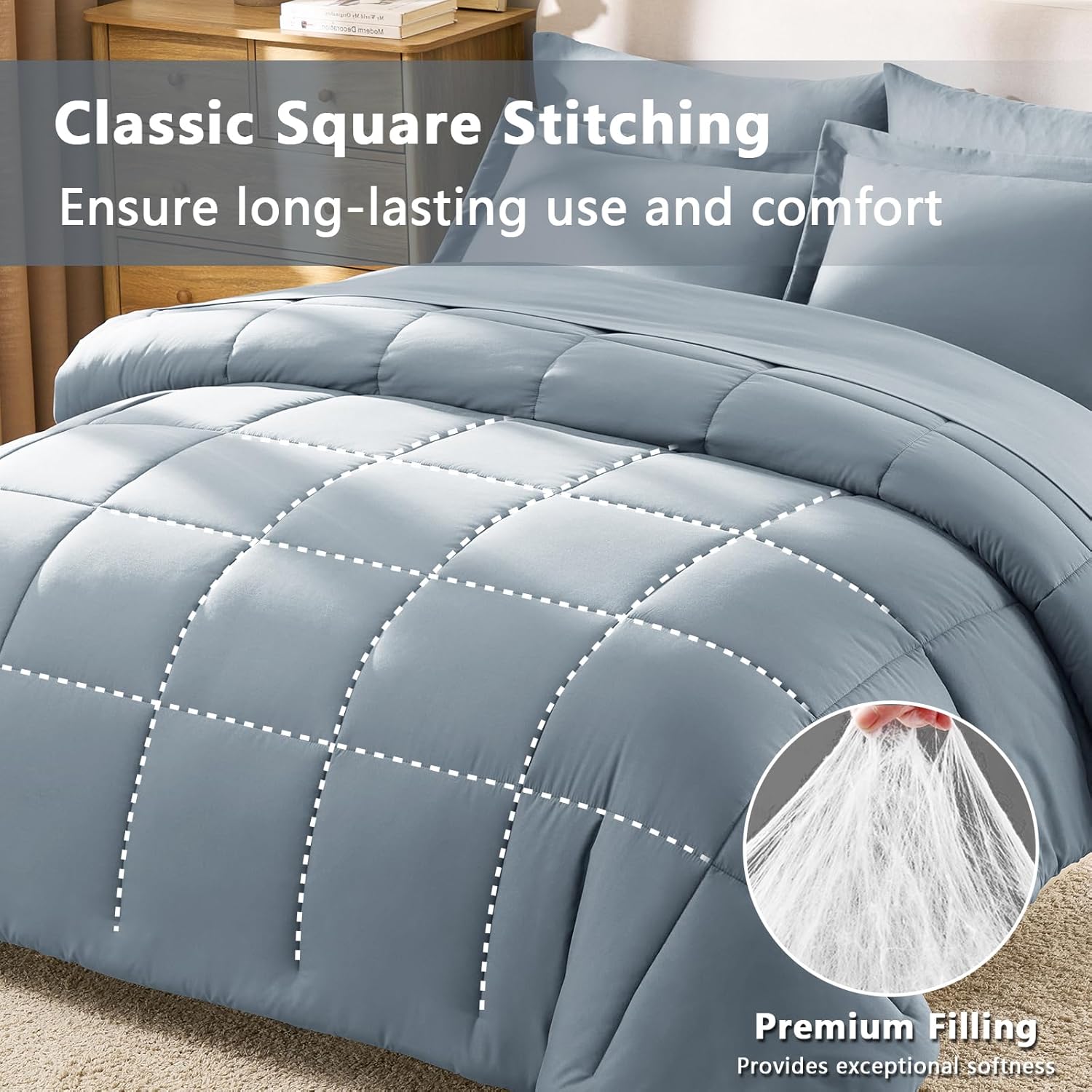 CozyLux Queen Comforter Set Grayish Blue, 7 Pieces Bed in a Bag Queen, All Season Breathable Bedding Sets,Oeko-Tex Certified Bed Set with Down Alternative Comforter, Sheets, Pillowcases & Pillow shams - Image 4