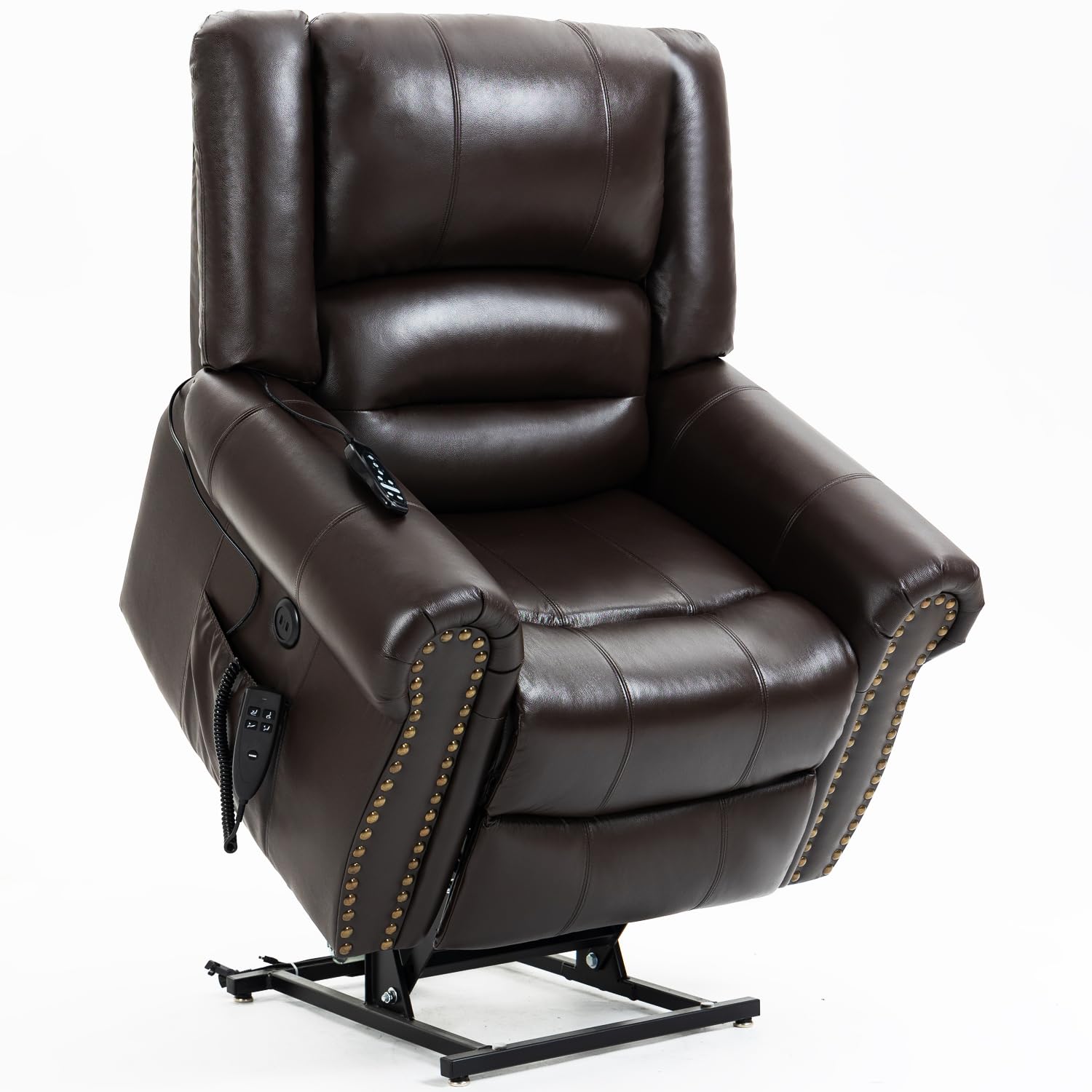 Dual Motor Lift Chairs Recliners for Elderly, Lay Flat Electric Lift Chair with Massage and Heat, Infinite Position, Standing Assistance, USB Ports, Genuine Leather, Brown