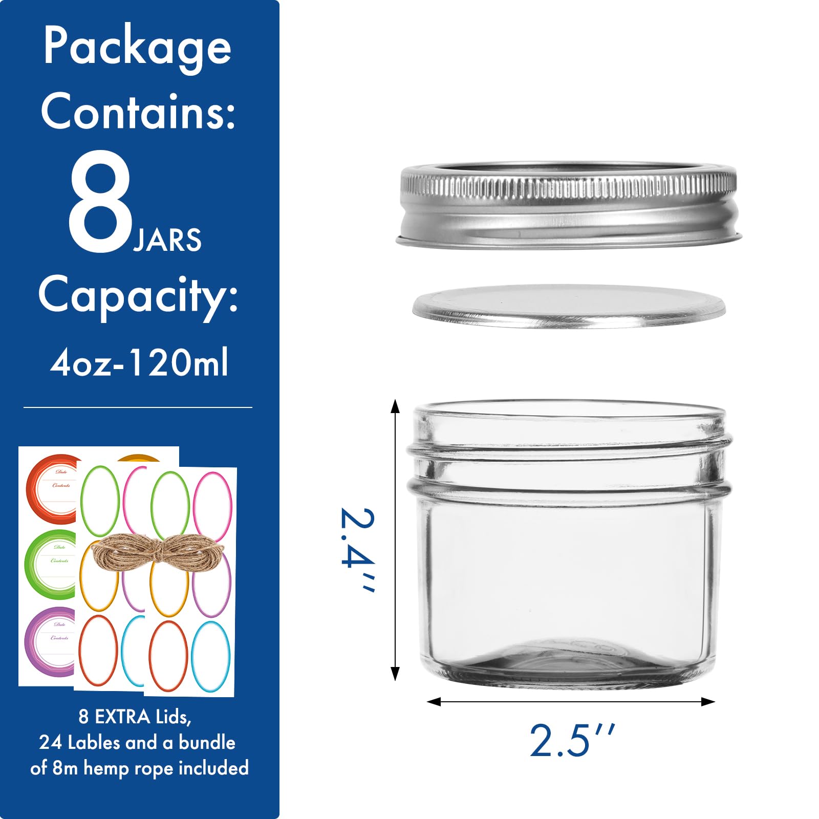 Tarros pequeños Mason, paquete de 8 tarros de vidrio de 4 onzas con tapas regulares, mini tarro de conserva, ideal para gelatina, mermelada, miel, postre, especias, recuerdos de boda, velas