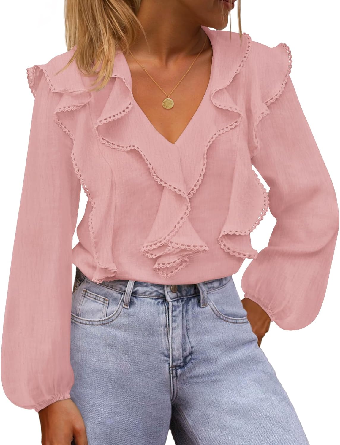 MEROKEETY Women's Fall Long Sleeve Ruffle Blouse Dressy Casual Top V Neck Trendy Business Work Shirts 2025