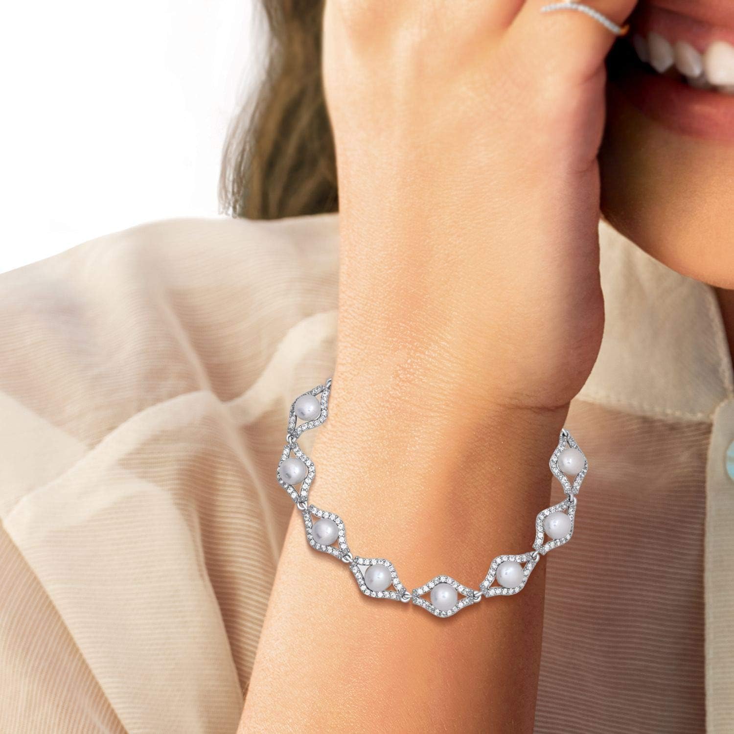 Jewelili Sterling Silver Bracelet for Women | 7 MM White Pearl & White Round Sapphire Gemstones | 7.75" Bracelet | Luxury Jewelry | Gift Box Included