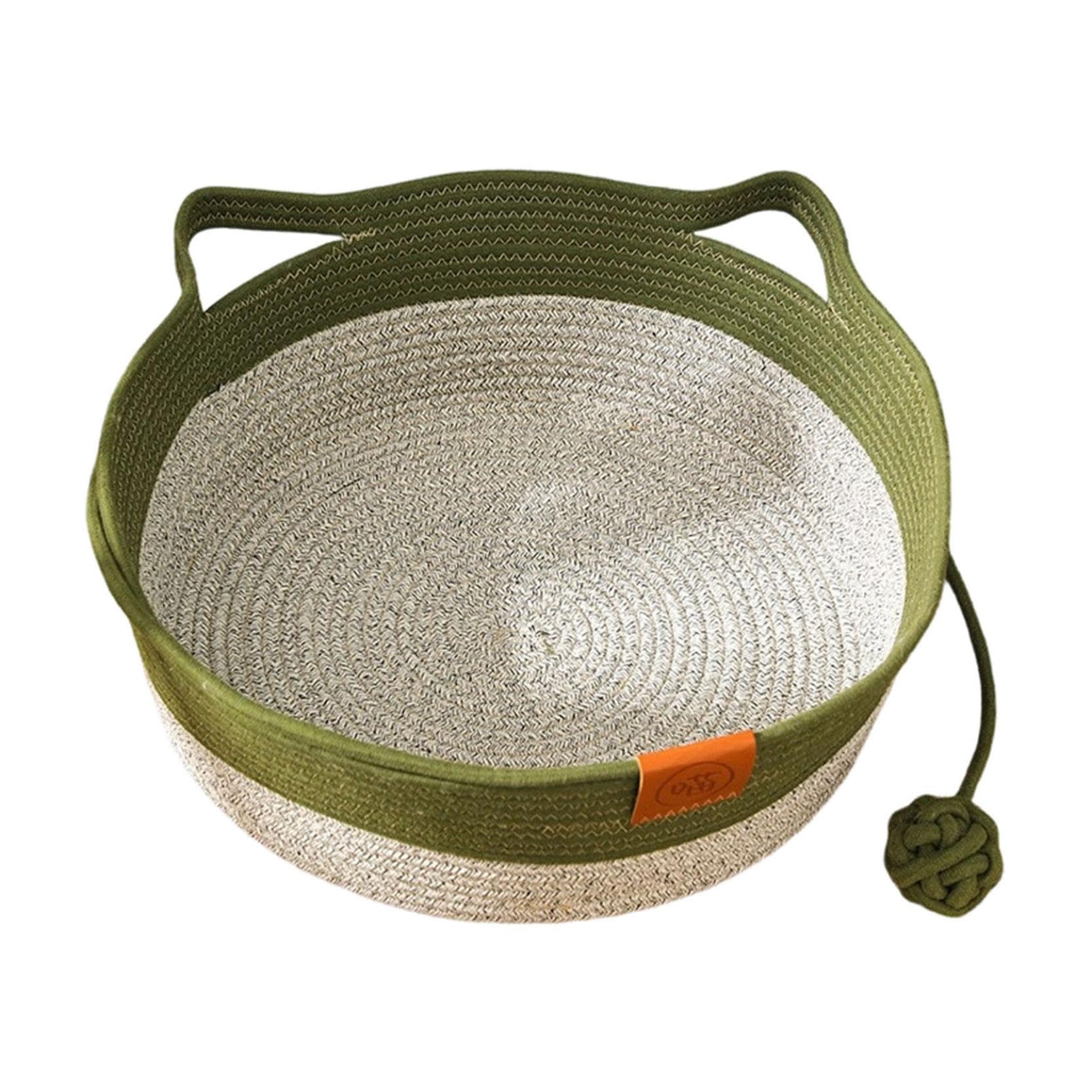 Cat Basket Wear Resistant Woven Rope Cat Basket Bed with Playing Rope Ball, Kitten Bed Made of Cotton Ropes with Padding, Breathable Furniture Protection, Pet Bed Four Seasons Universal (Green)