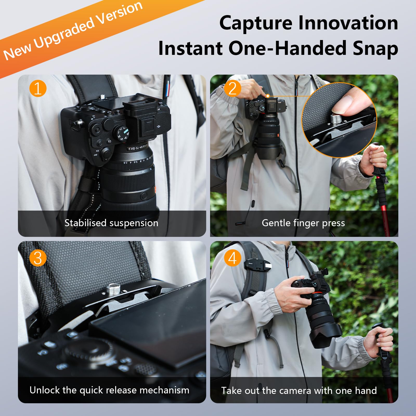AMAZEAR Clip Correa Mochila Cámara DSLR: Operación a Una Mano Mejorada con Placa Liberación Rápida para Canon Nikon Sony Fuji Go-Pro Cámara Acción, Seguro Antiapertura, Negro