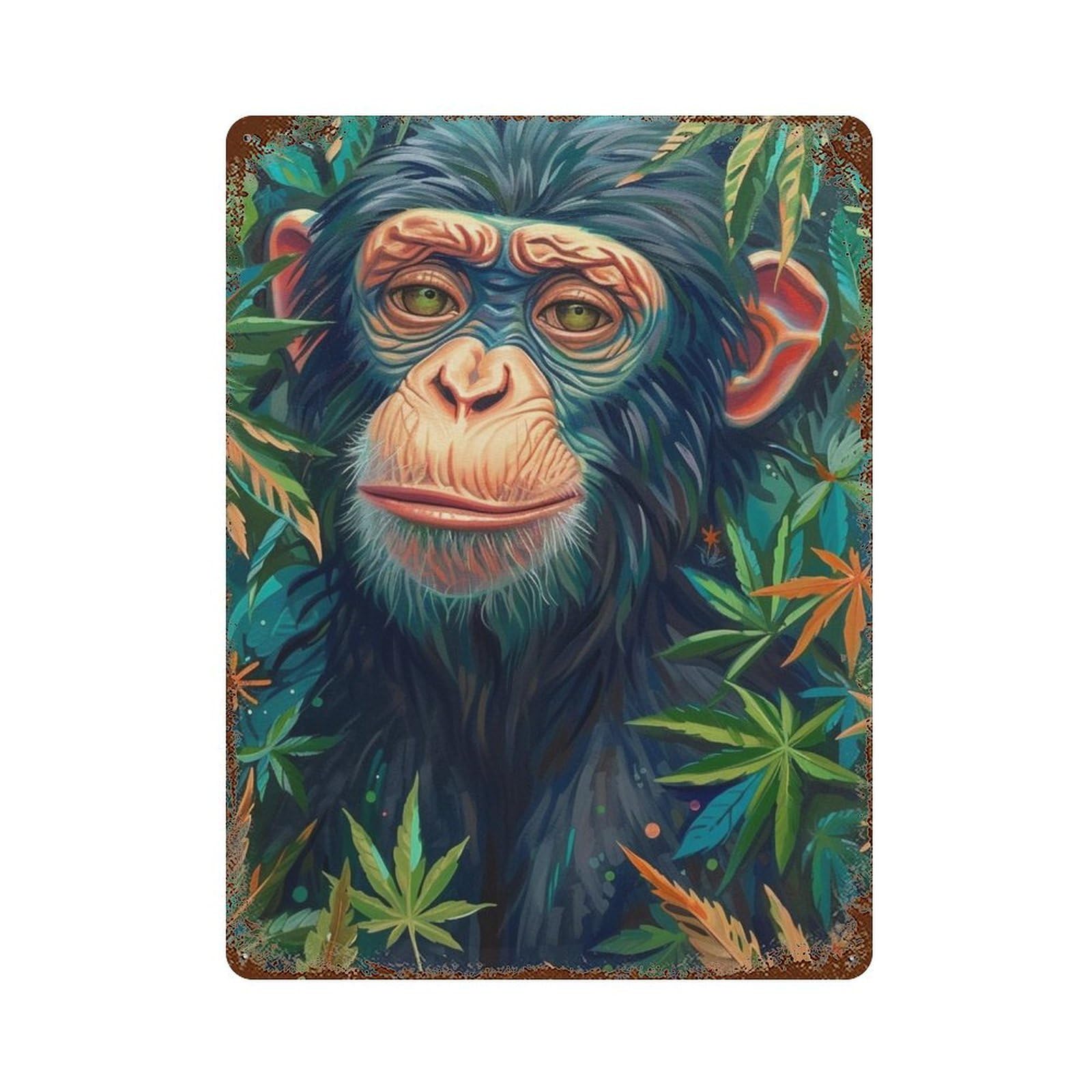Rust Effect Jungle Chimpanzee Portrait Rusty Metal Tin Sign 15.7"x11.8", Industrial Home Decor for Living Room, Hallway And Home Decor