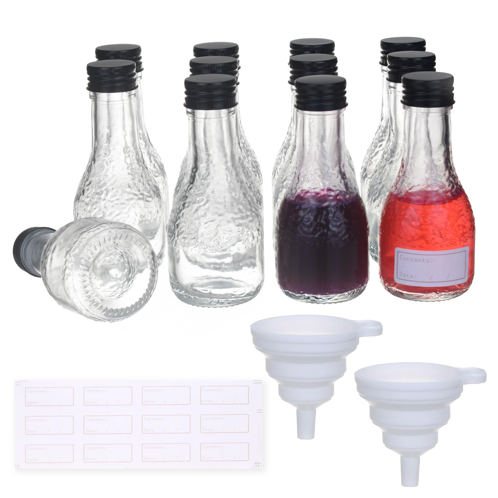 BLUE HANDCART 12 Pack Small Glass Bottles, 3.4 oz Mini Shot Bottles with Caps & 2 Funnels, 100ml Glass Containers for DIY Juice, Potion, Wellness, Wine, Ginger
