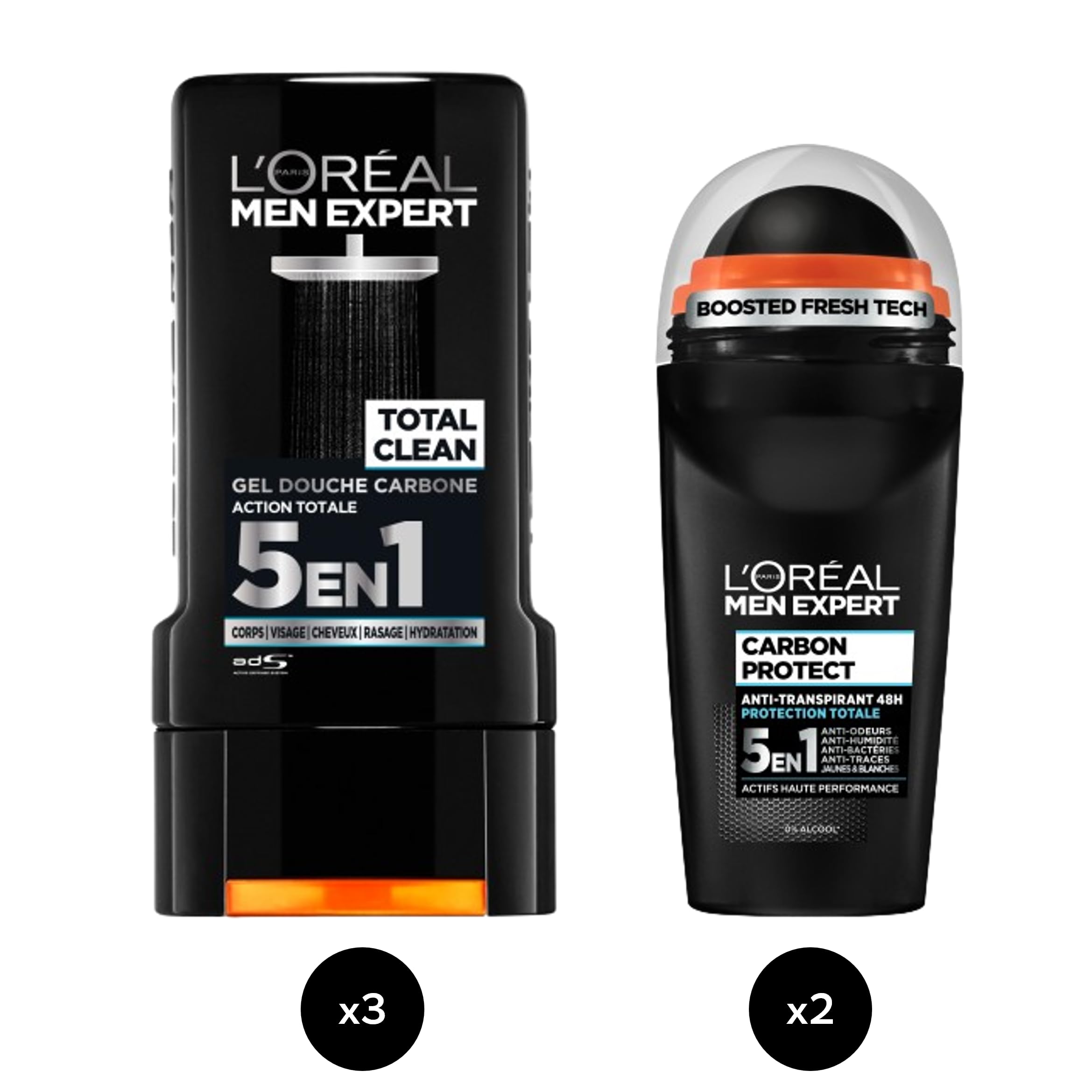 L'Oréal Men Expert - Routine Carbon Protect żel pod prysznic i dezodorant dla mężczyzn - 3x żele pod prysznic Carbon Protect, 2x dezodorant Carbon Protect