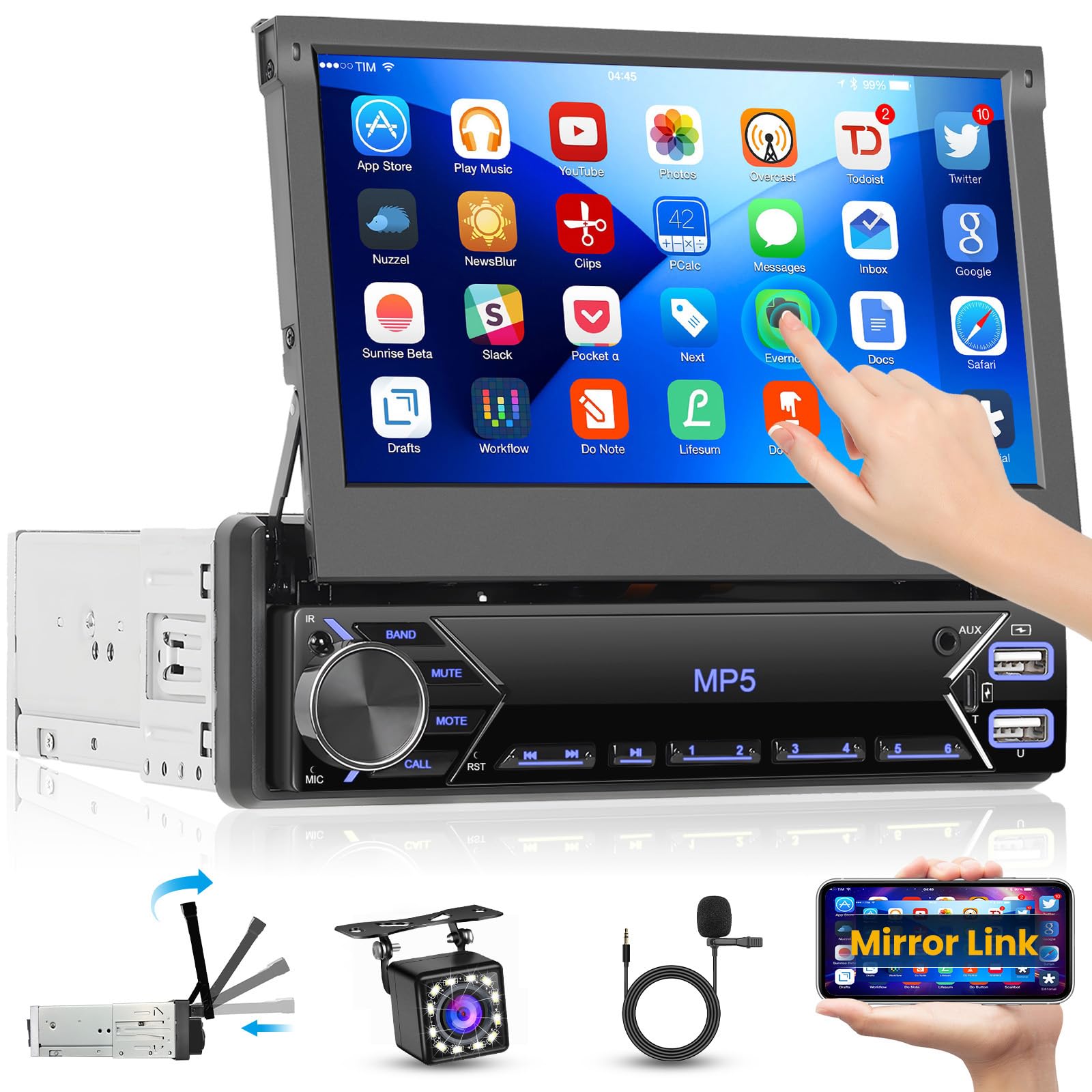 Radio samochodowe 1 Din z ekranem retractowym 7 cali, Bluetooth Flip Out, ekran stereo samochód 1 DIN, obsługuje łącze Mirror Link/Type-C, USB, FM, EQ/AUX, sterowanie na kierownicy z kamerą cofania