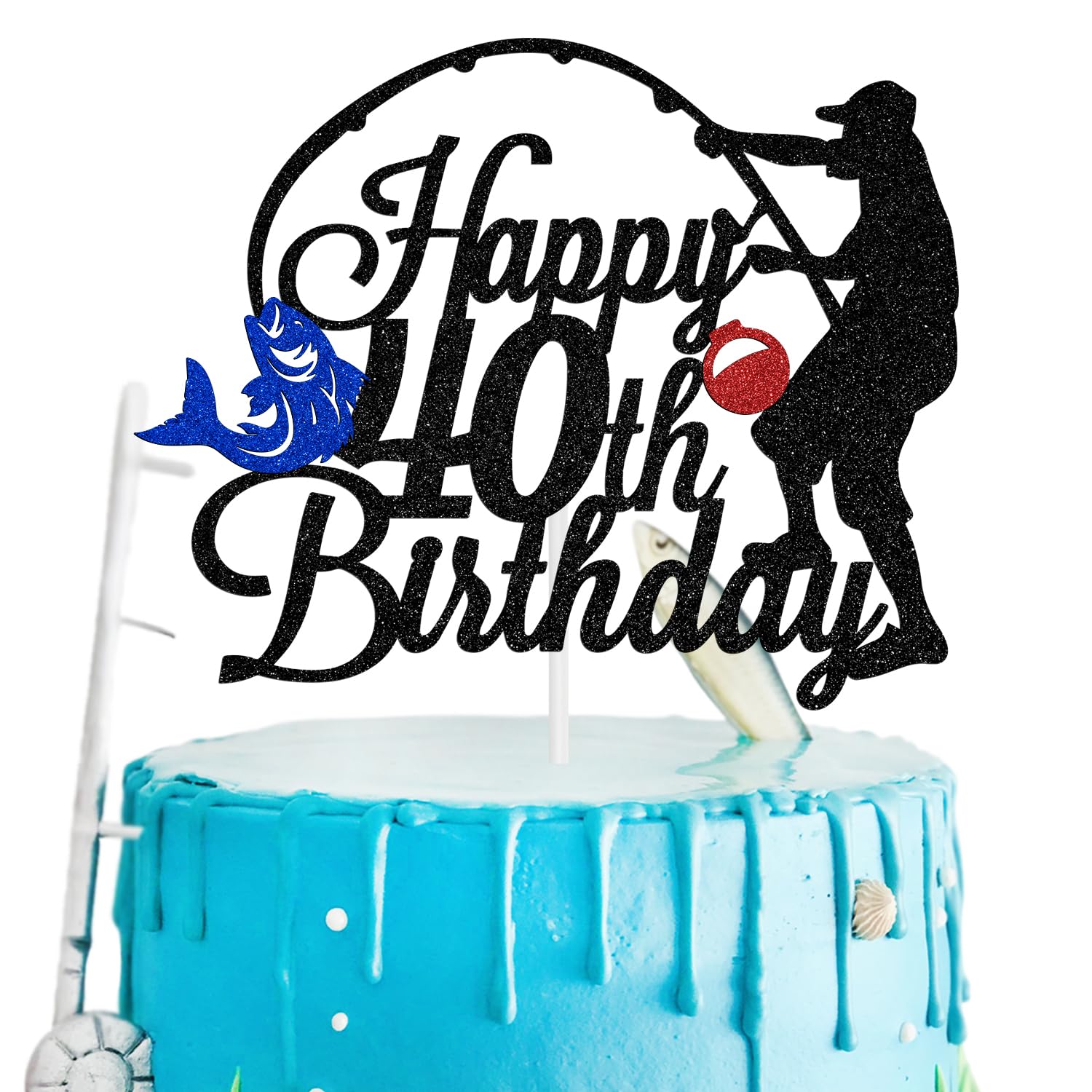 Fisherman Happy 40th Birthday Cake Topper, Legend Since 1980 for Man, Gone Fishing Decorations, Fisherman 40 Years Old Birthday Party Supplies, Black Glitter