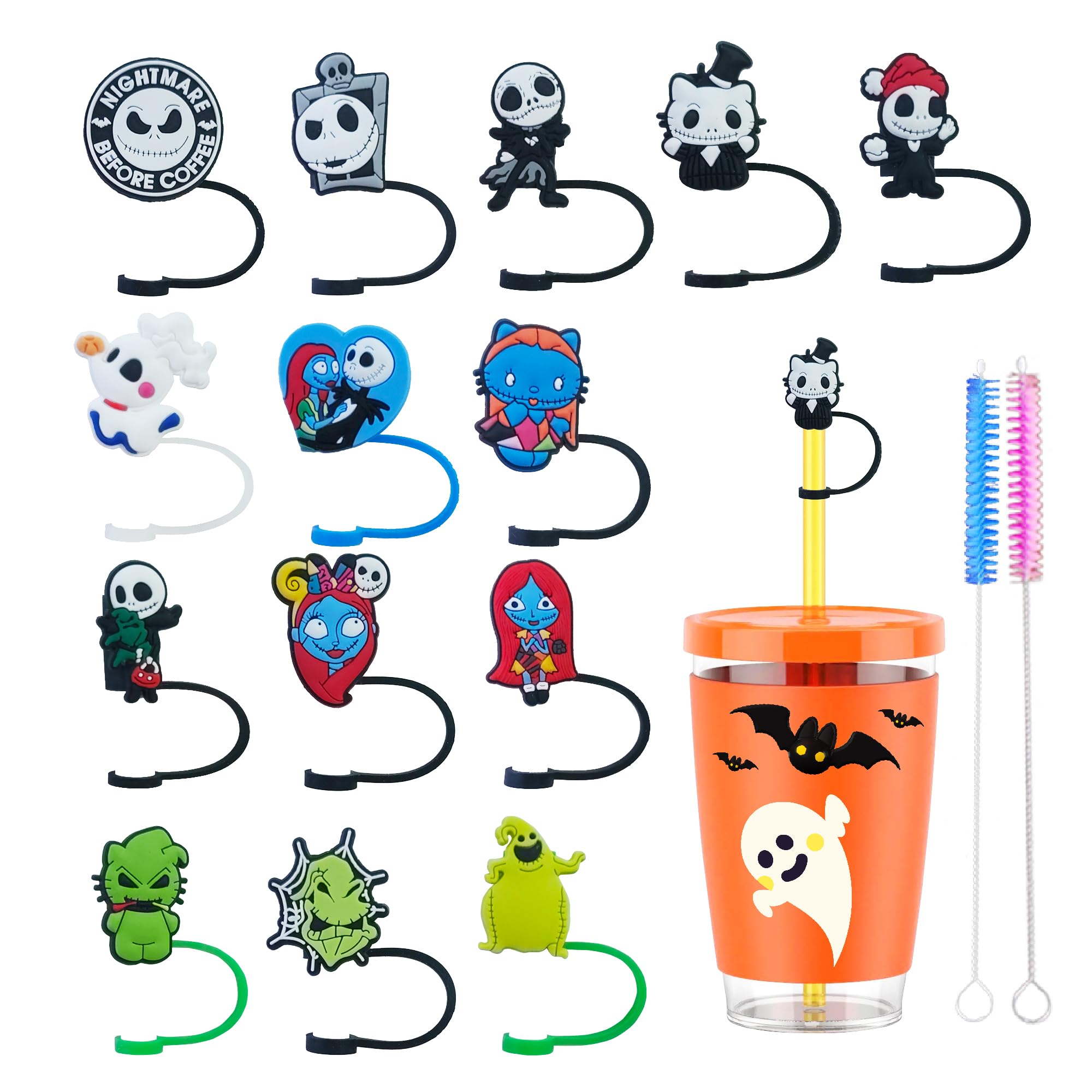 14Pcs Cute Silicone Straw Covers Cap,RENUIS Halloween Straw Toppers for Tumblers,Reusable Portable Drinking Straw Tips Lids,Dust-Proof Straws Plugs