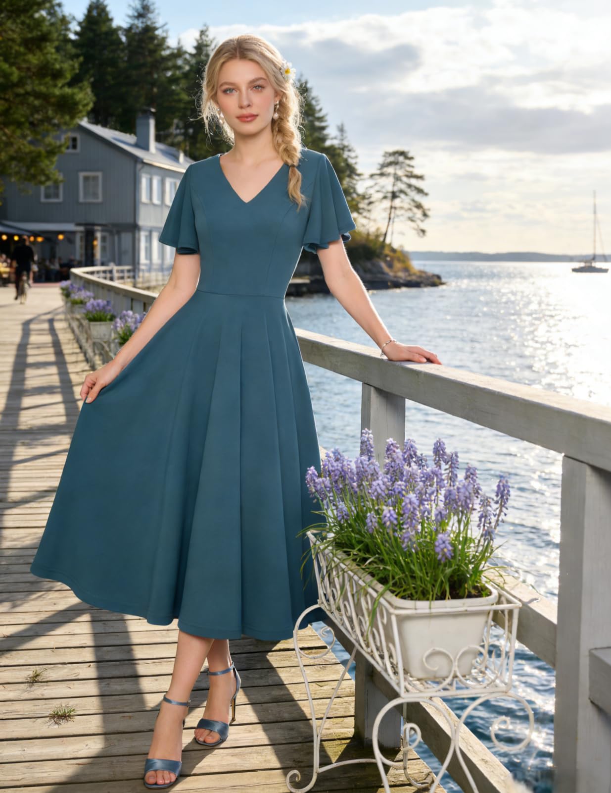 Bridesmay Vestidos de invitada de boda 2025 de manga corta, modesto, acampanado, midi, vestido de fiesta de té