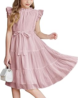 Tween Girls Summer Dress Formal Ruffle Sleeve A Line Casual Elegant Dresses with Belt - Buy now