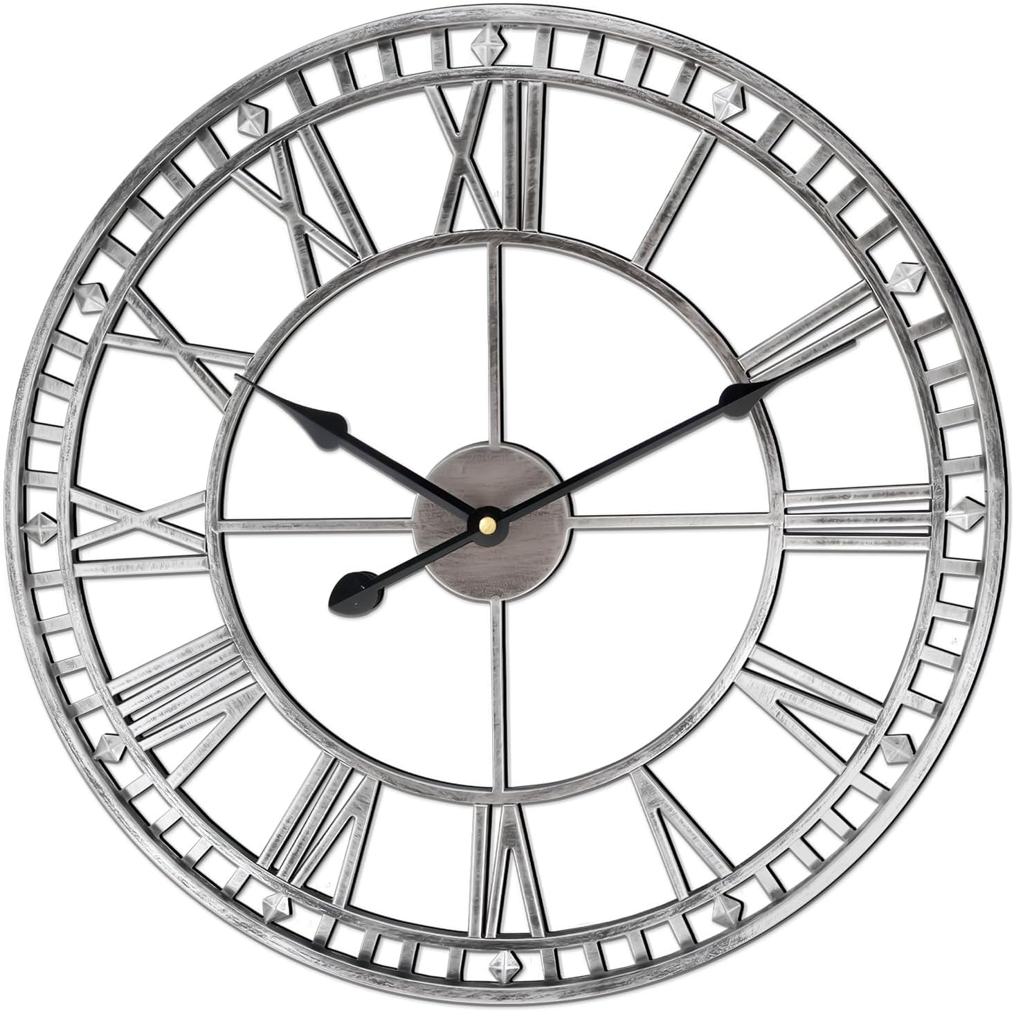 FB FunkyBuys Large Vintage Metal Wall Clock with Roman Numerals, Silent Non-Ticking Skeleton Battery Operated Clock for Living Room, Dining Room, Kitchen and Outdoor Silver Double Edge 47 CM (19")