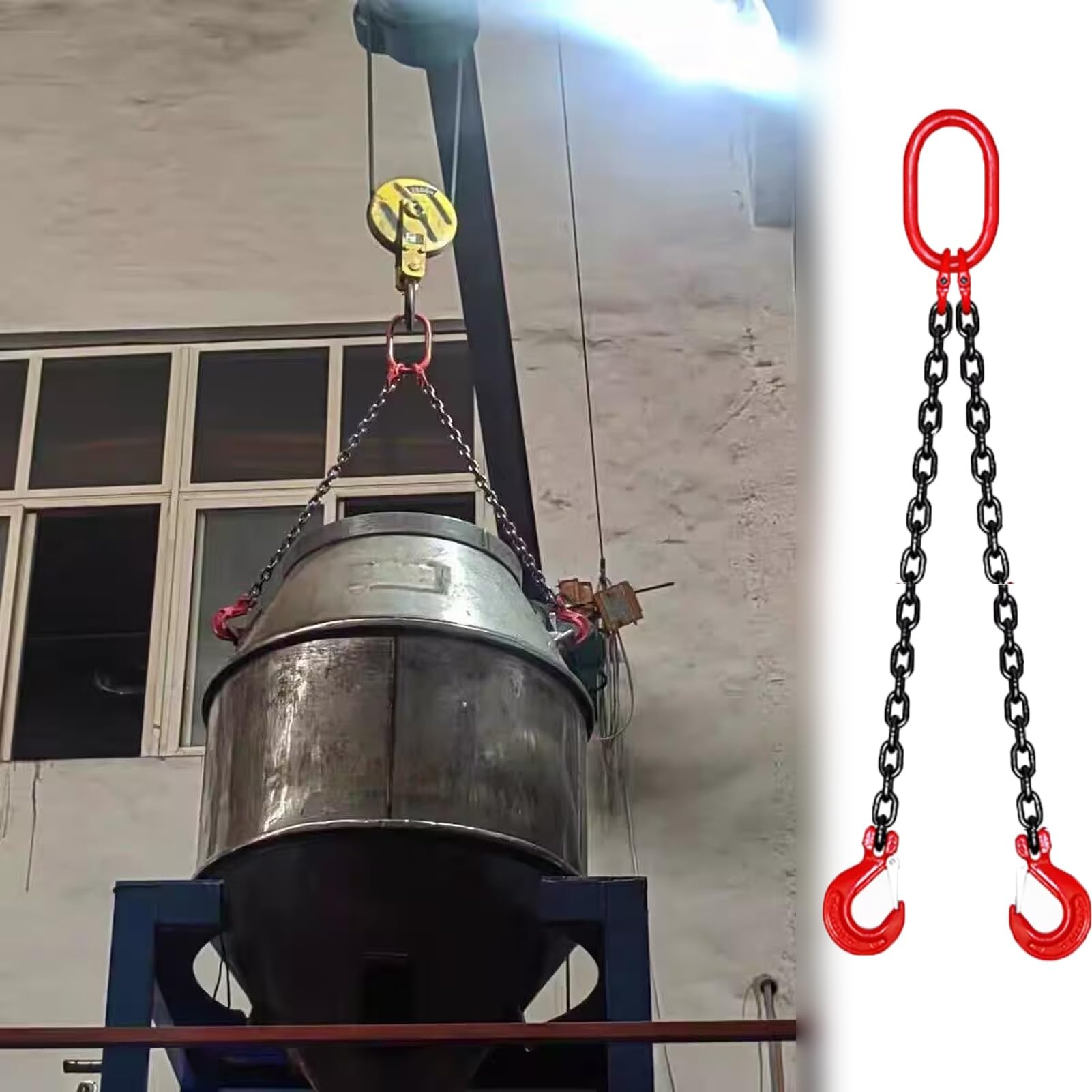 Kettengehänge Industrieketten-Hebegurt 0.5 1.0 1.5 2.0 3.0 4.0 m, Hebegurte der Güteklasse 80 mit 2 Haken, Fassklemm-Fassheber für Gabelstapler(1.0 m/3.3 ft(2T/4409LBS))