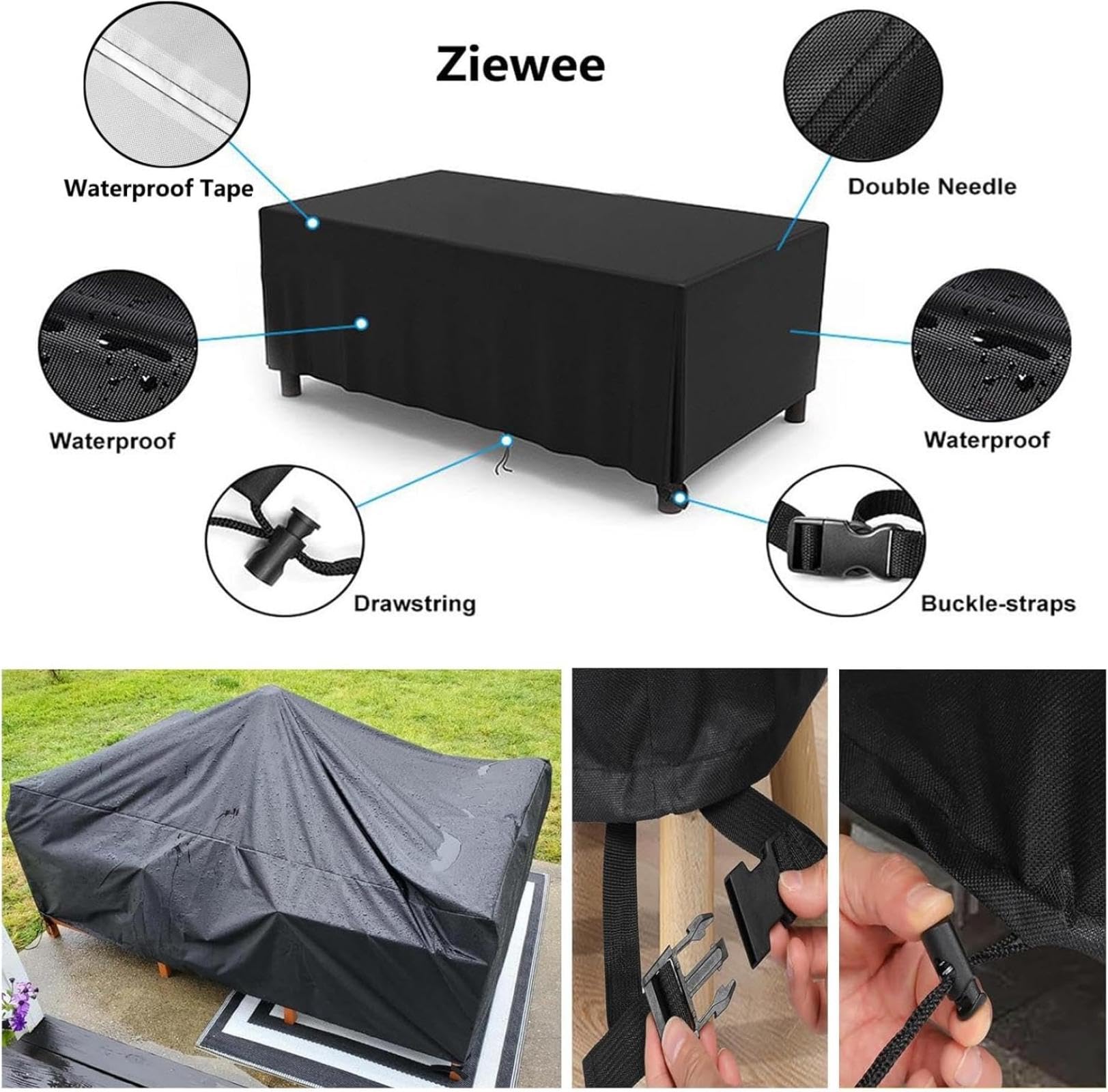 Abdeckung Gartenmöbel Winterfest, 200x120x75cm 420D Oxford Anti-UV Abdeckplane für Gartentische Terrassenmöbel Regenschutz und Staubfest Abdeckhaube Schwarz