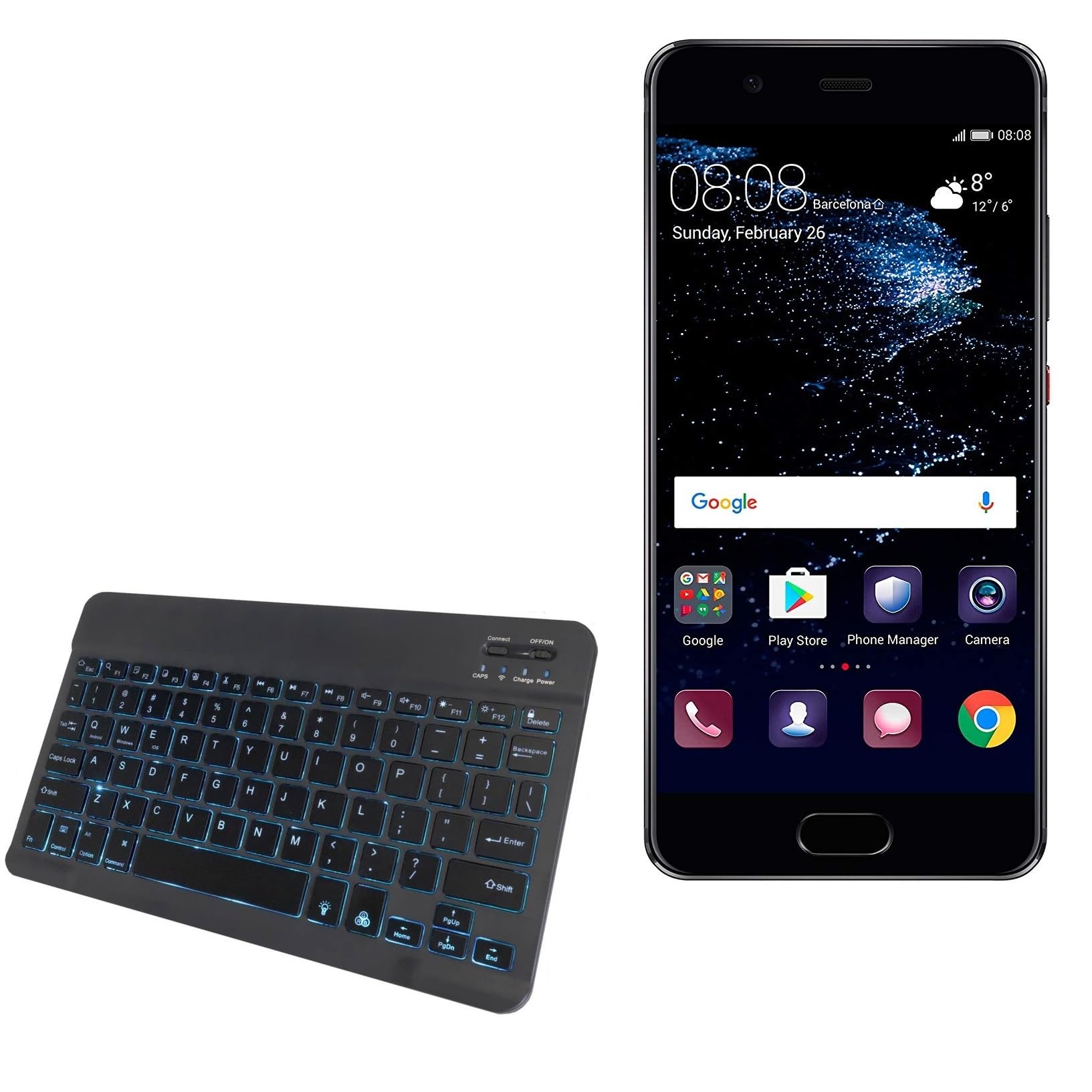 BoxWave Keyboard Compatible with Huawei P10 - SlimKeys Bluetooth Keyboard - with Backlight, Portable Slim LED 7 Colors - Jet Black