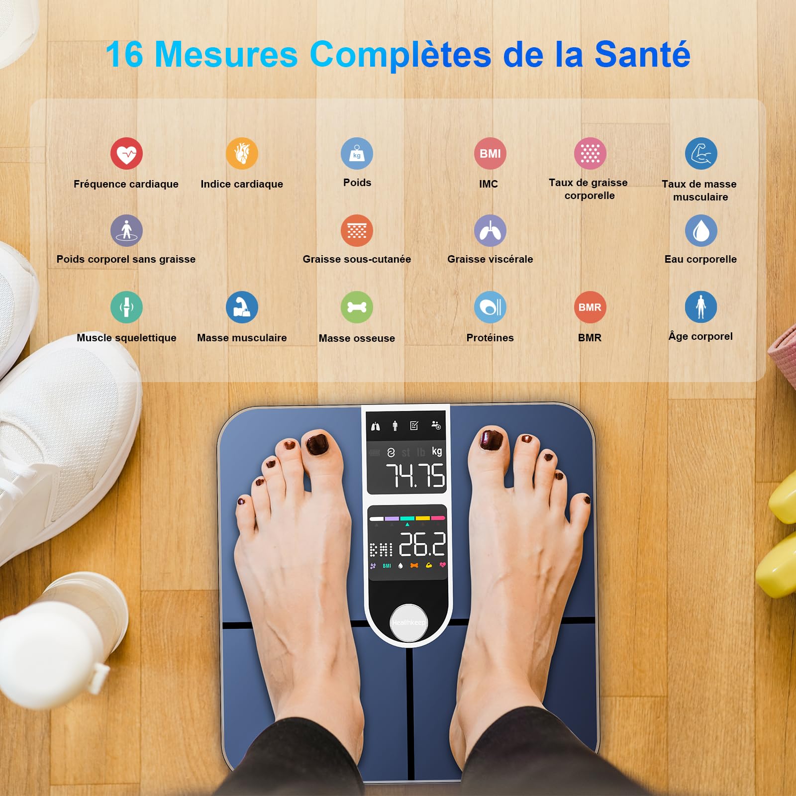 Healthkeep Pèse Personne Balance Connectée Bluetooth Avec 2 Écrans VA et Technologie de Revêtement ITO, 16 Données Corporelle avec Fréquence Cardiaque APP pour Andriod et iOS 180kg/400lb, Argenté