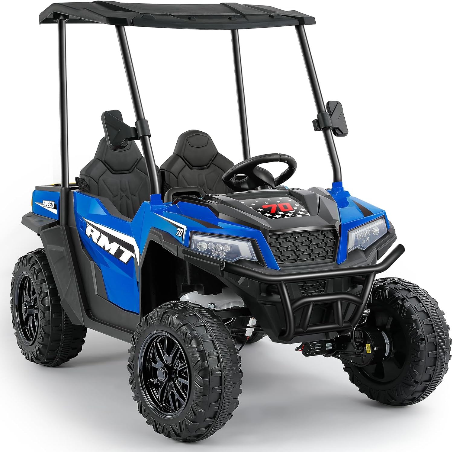 ELEMARA 24V 10AH Multifunctional Ride on Car with Dump Bed, Shovel, and Sun Shade, Large Electric Car 2 Seater, Side by Side Battery Car for Kid w/Remote, 3 Speeds, LED Lights, Bluetooth, Blue