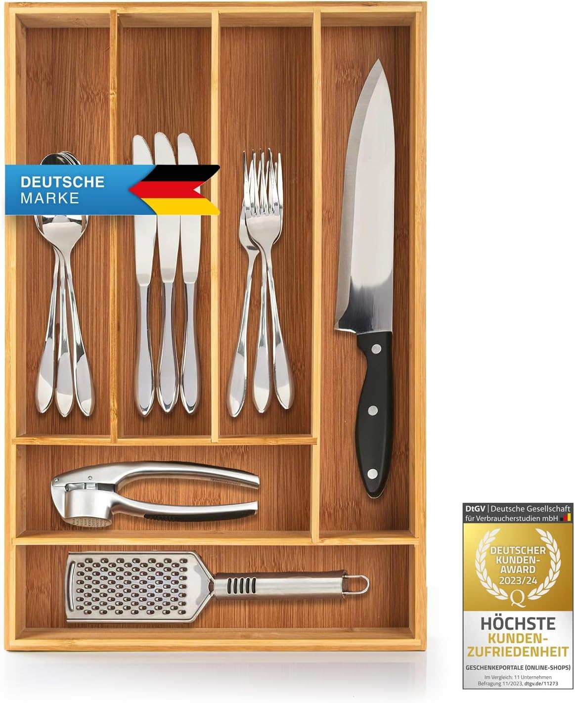 Dimono® Cubertero de Madera de Bambú - Bandeja para Cubiertos 7-9 Compartimentos
