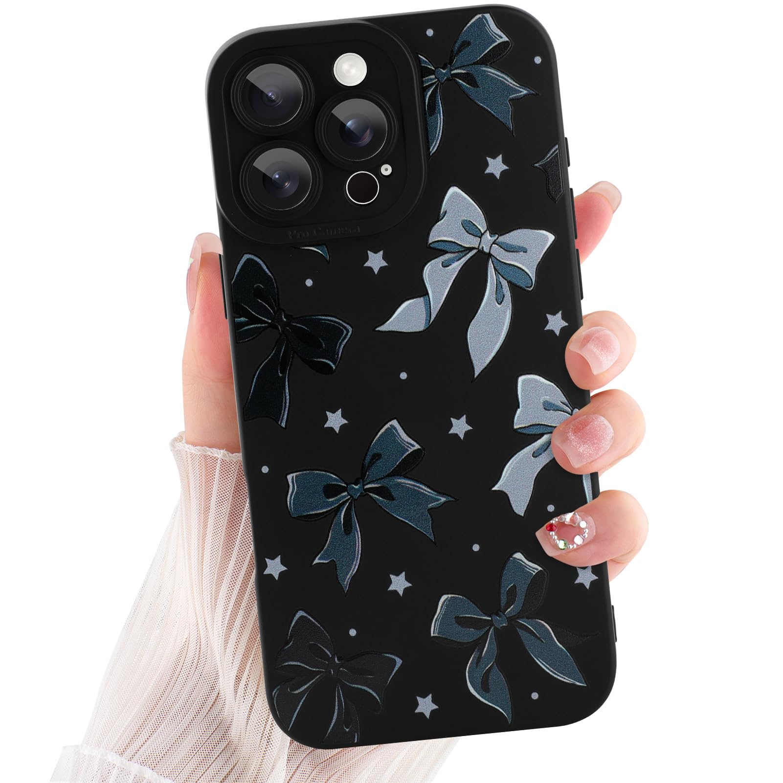 ZIYE for iPhone 16 Pro Case Bow Pattern Soft Flxible TPU Design Camera Protection Cute Ribbon Bowknot Protective Phone Cover for Women Girls Black Bow