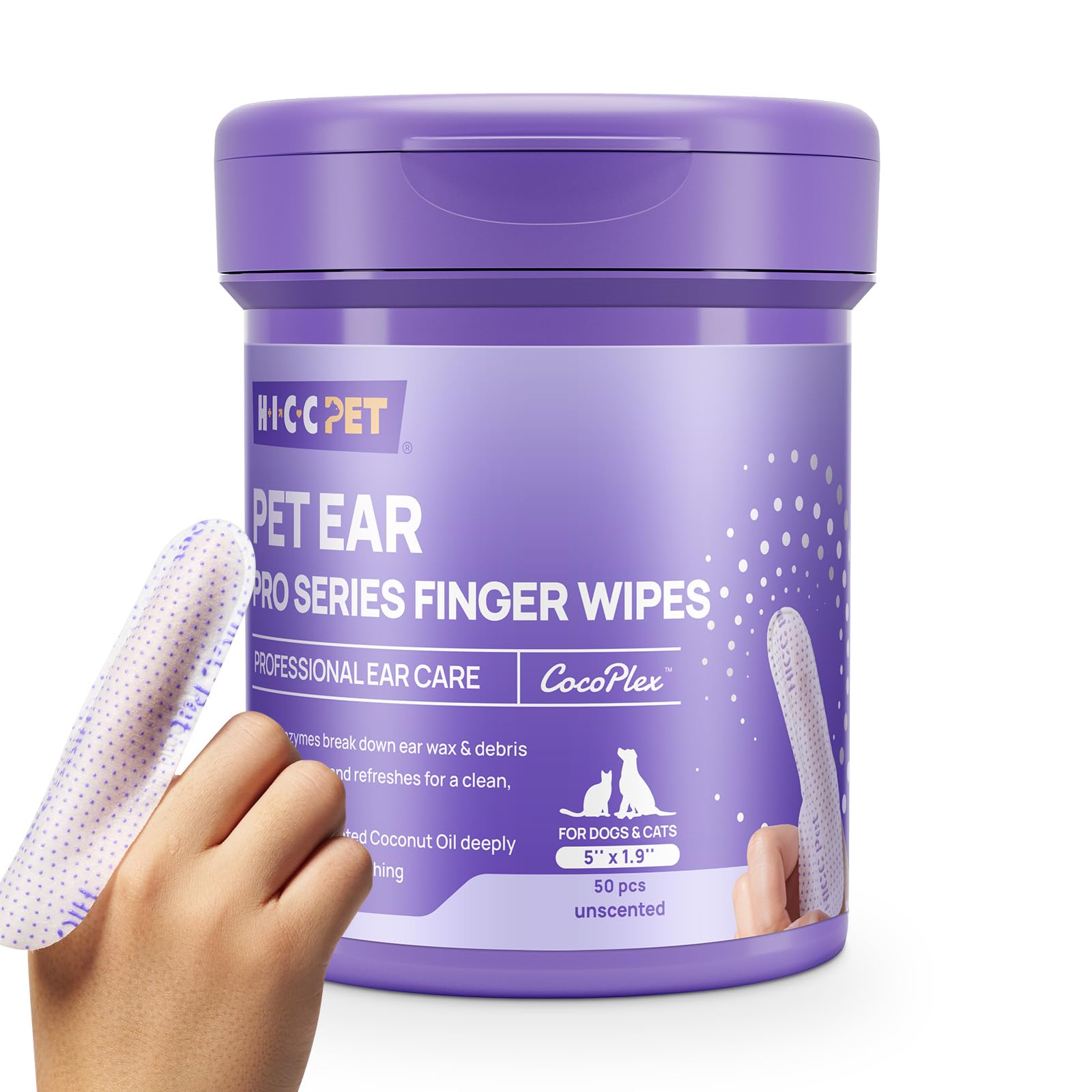 HICC PET Lingettes nettoyantes pour les doigts Pro Series pour chiens et | Lingettes d'oreilles pour chien avec mélange de trienzymes, nettoie en douceur les résidus d'oreille