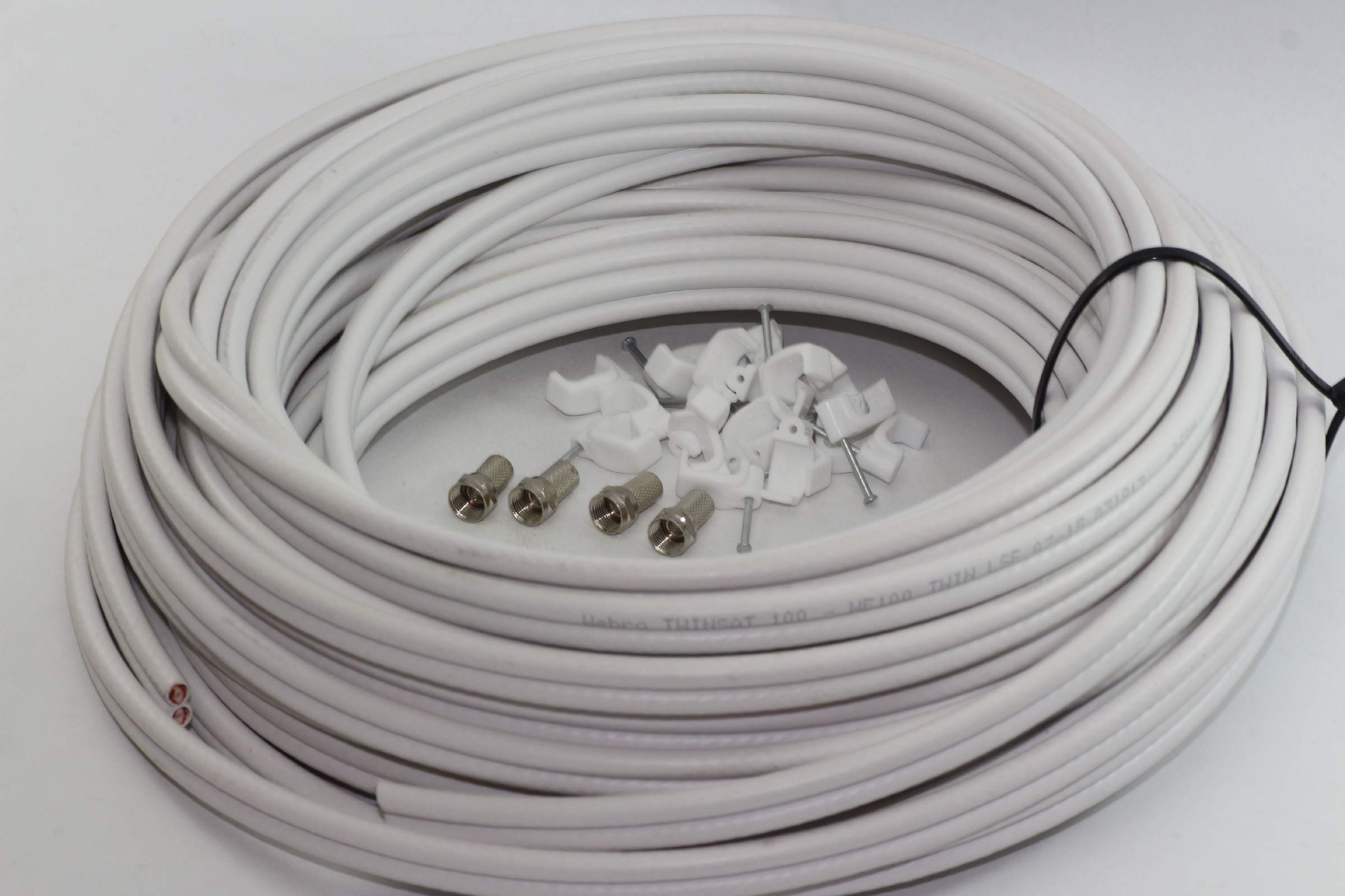 Webro WF100 Twin Satellite Cable With 4 x F Plugs, Free Cable Clips (20M, White)