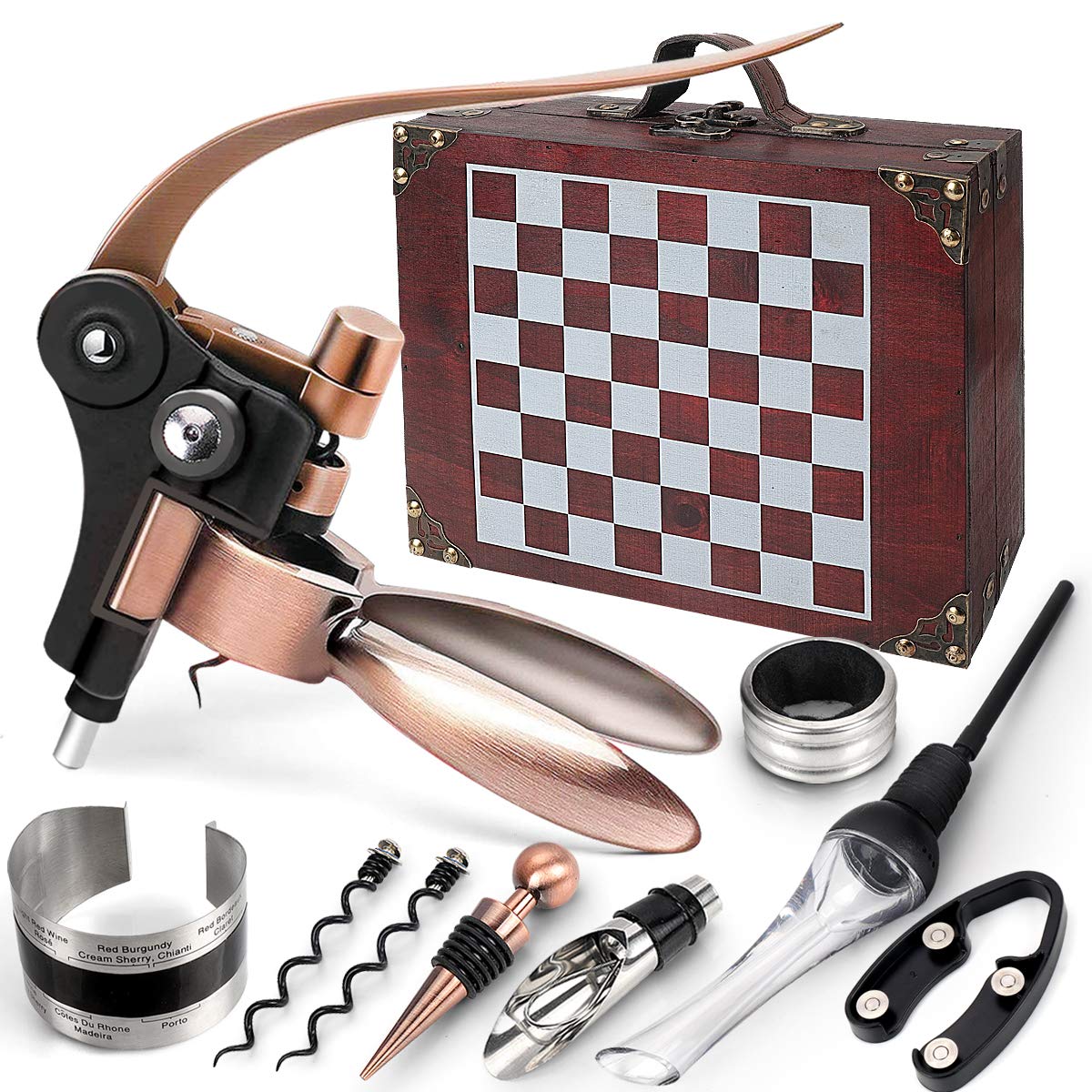 Scatola di Legno Accessori per Il Vino Set Regalo,Set per l'apertura del Vino,Cavatappi per Vino,Tappo,Versatore di Vino (stile 01)