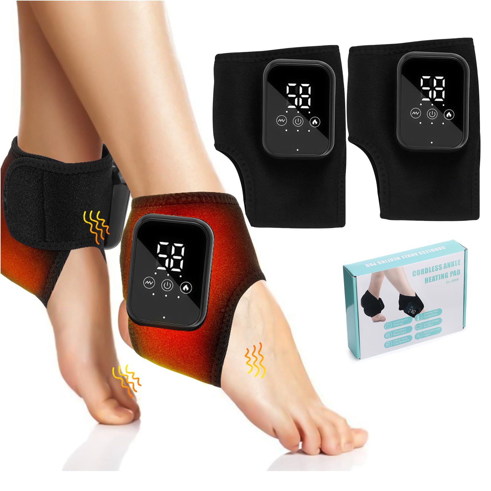 Masajeador de pies 3 en 1, 2pc Masajeador eléctrico para pies y Tobillos, Tobillera Térmica InalÔmbrica con 3 Modos de Vibración, 3 Niveles de Calor Regalo para relajación