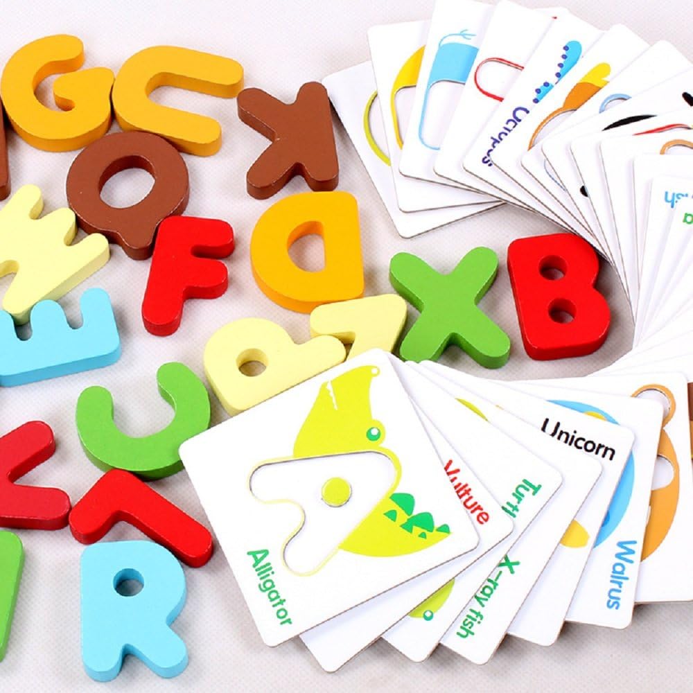 Alphabet ABC Jigsaw Puzzles with Wooden Letter, Animal Shape Match Puzzle Card Literacy & Spelling Flash cards