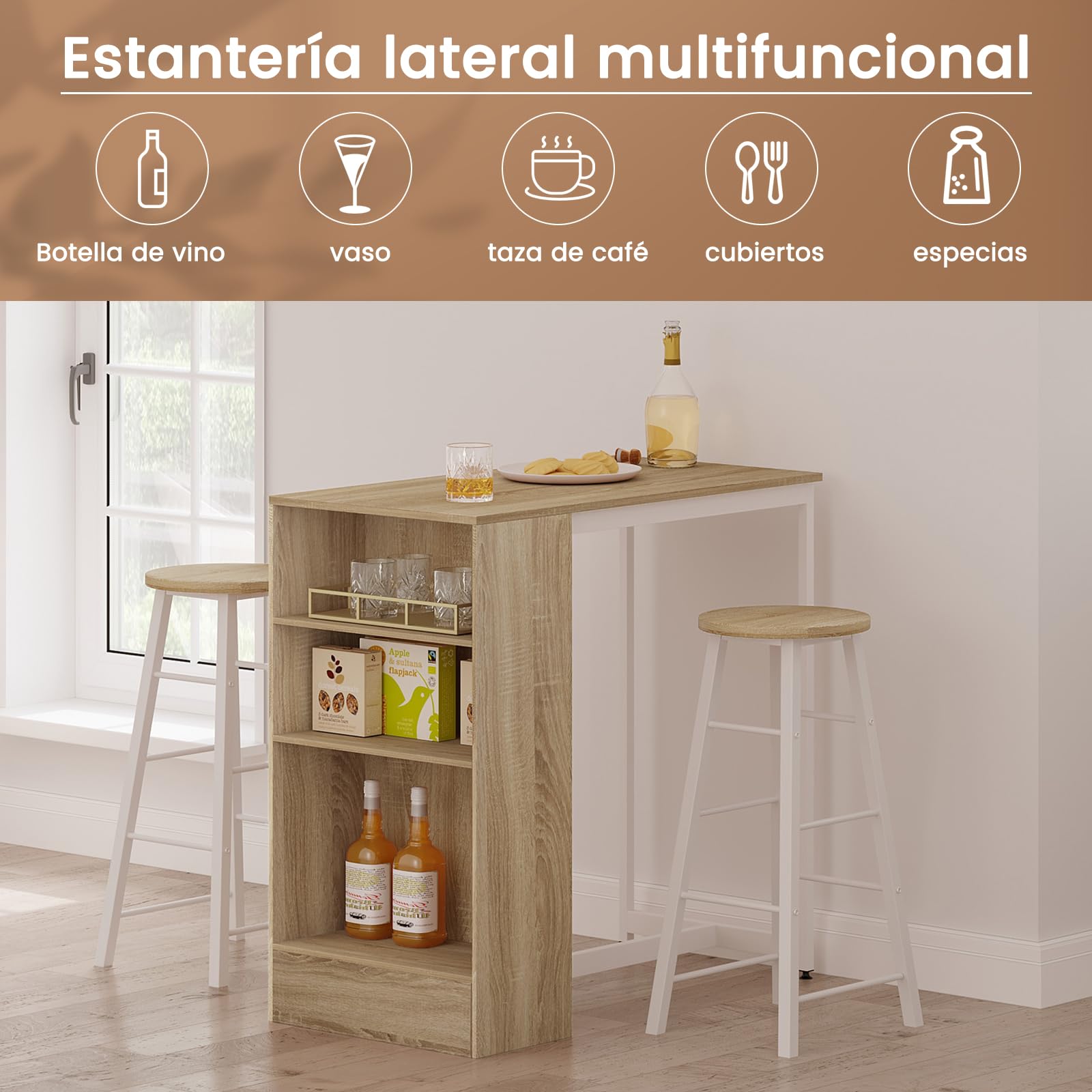 WOLTU Mesa de Bar con Estantes, Mesa Alta Cocina de Marco Metal Robusto, Barra Cocina con 3 Compartimentos Abiertos de Almacenamiento para Comedor, Roble Claro